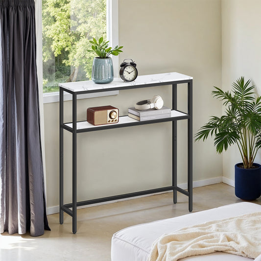 31.5" Modern Console Table, 2-Tier Narrow Sofa Table with Adjustable Feet, Entryway Shelf, Marble White and Black