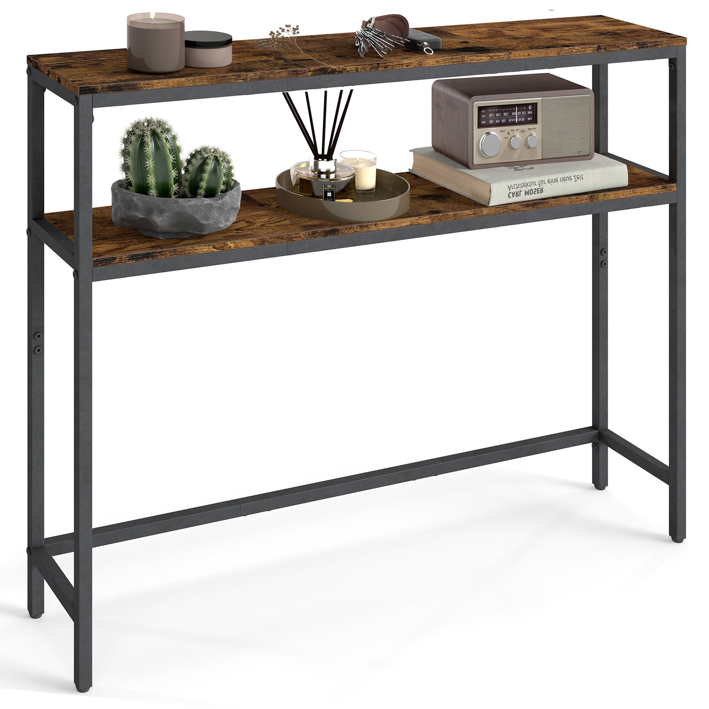 2-Tier Console Table with Shelves, Narrow Entryway or Sofa Table, 39.4-Inch Modern Living Room Table, Adjustable Feet, Rustic Brown and Ink Black