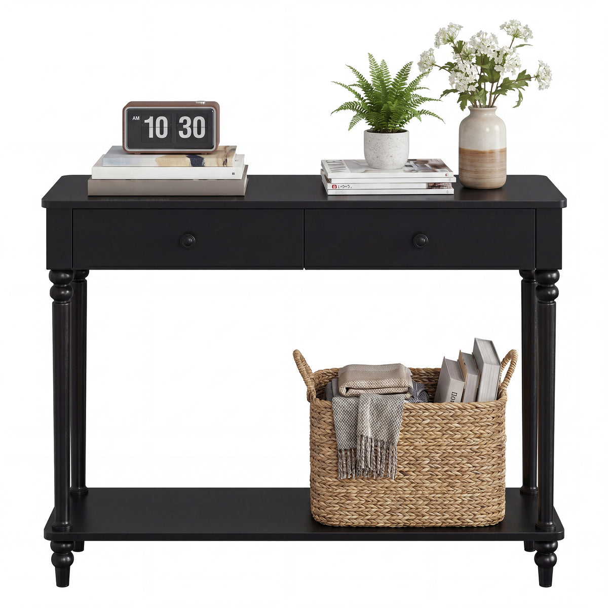 Console Table with Shelf and Drawers, Mid-Century Modern Sofa Entryway Table, Solid Wood Legs, Living Room, Black