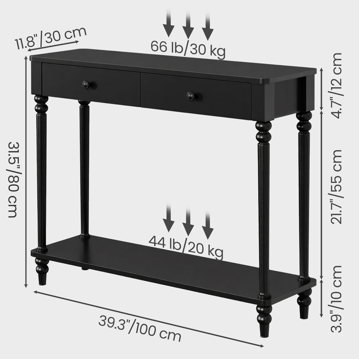 Console Table with Shelf and Drawers, Mid-Century Modern Sofa Entryway Table, Solid Wood Legs, Living Room, Black