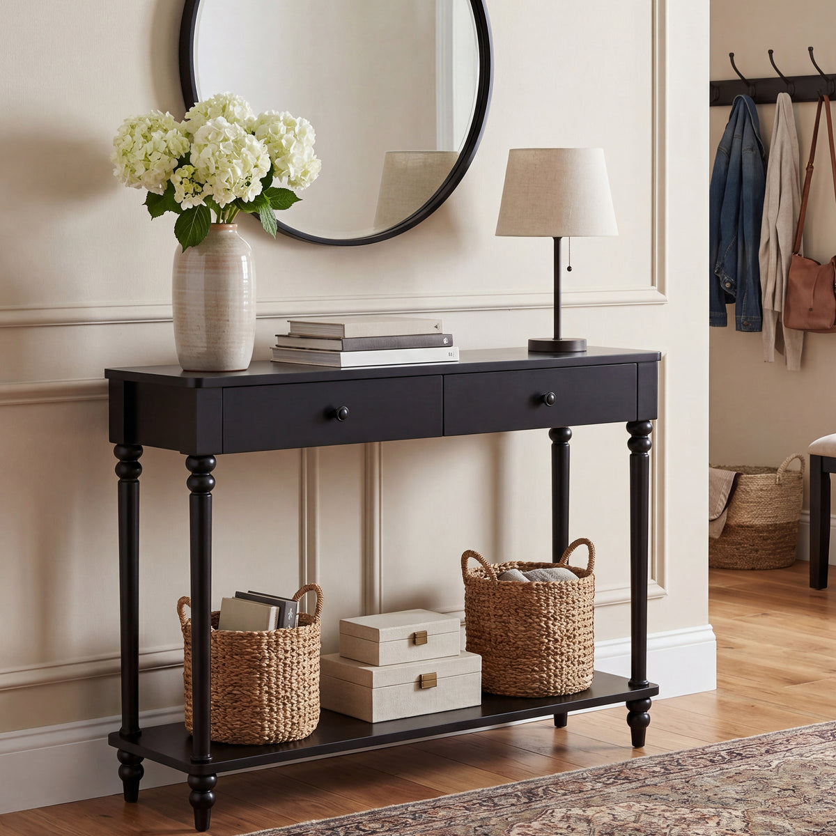 Console Table with Shelf and Drawers, Mid-Century Modern Sofa Entryway Table, Solid Wood Legs, Living Room, Black