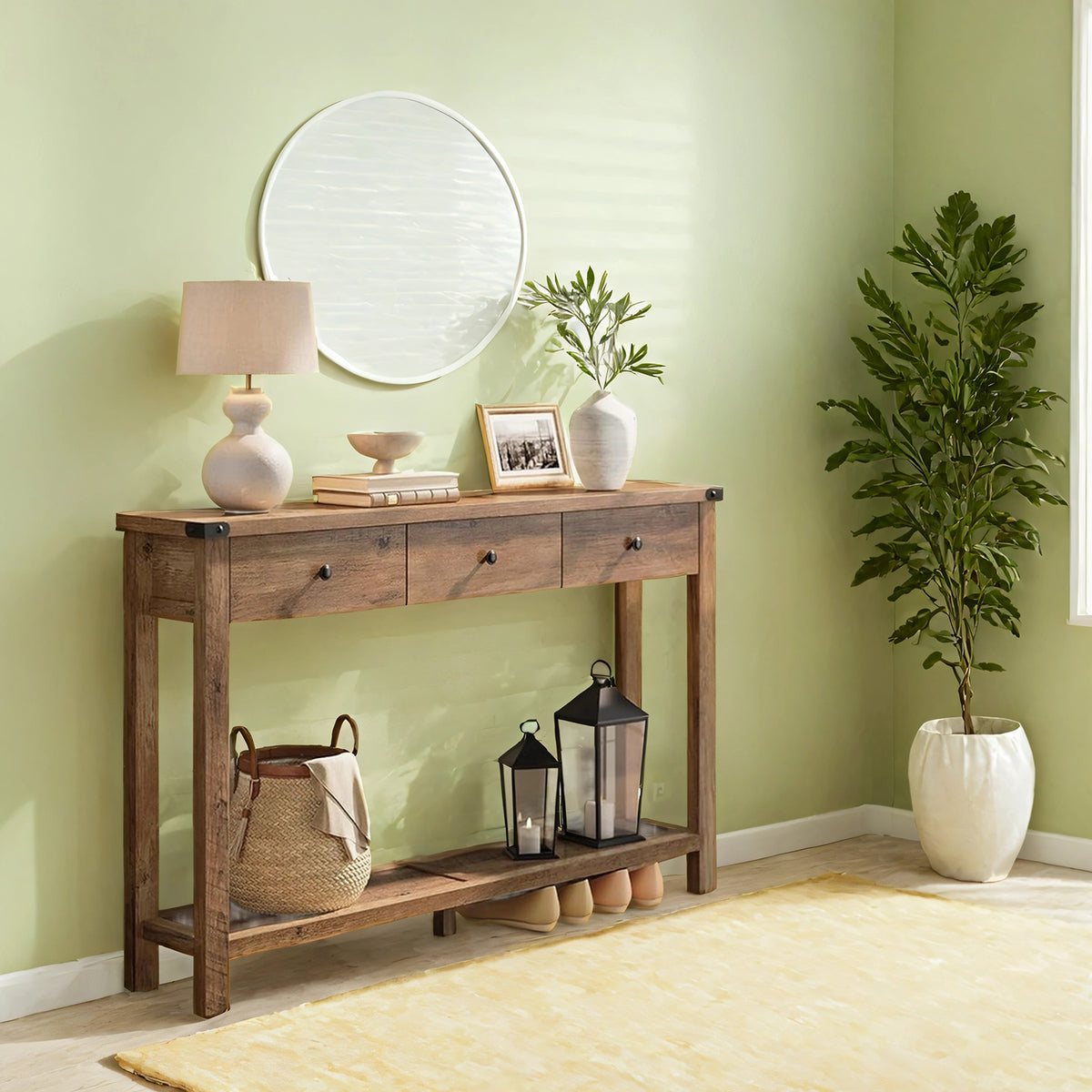 LEDREM Entryway Table with Storage Shelf and 3 Drawers, Farmhouse Console for Living Room, Metal Accents, Honey Brown and Matte Black