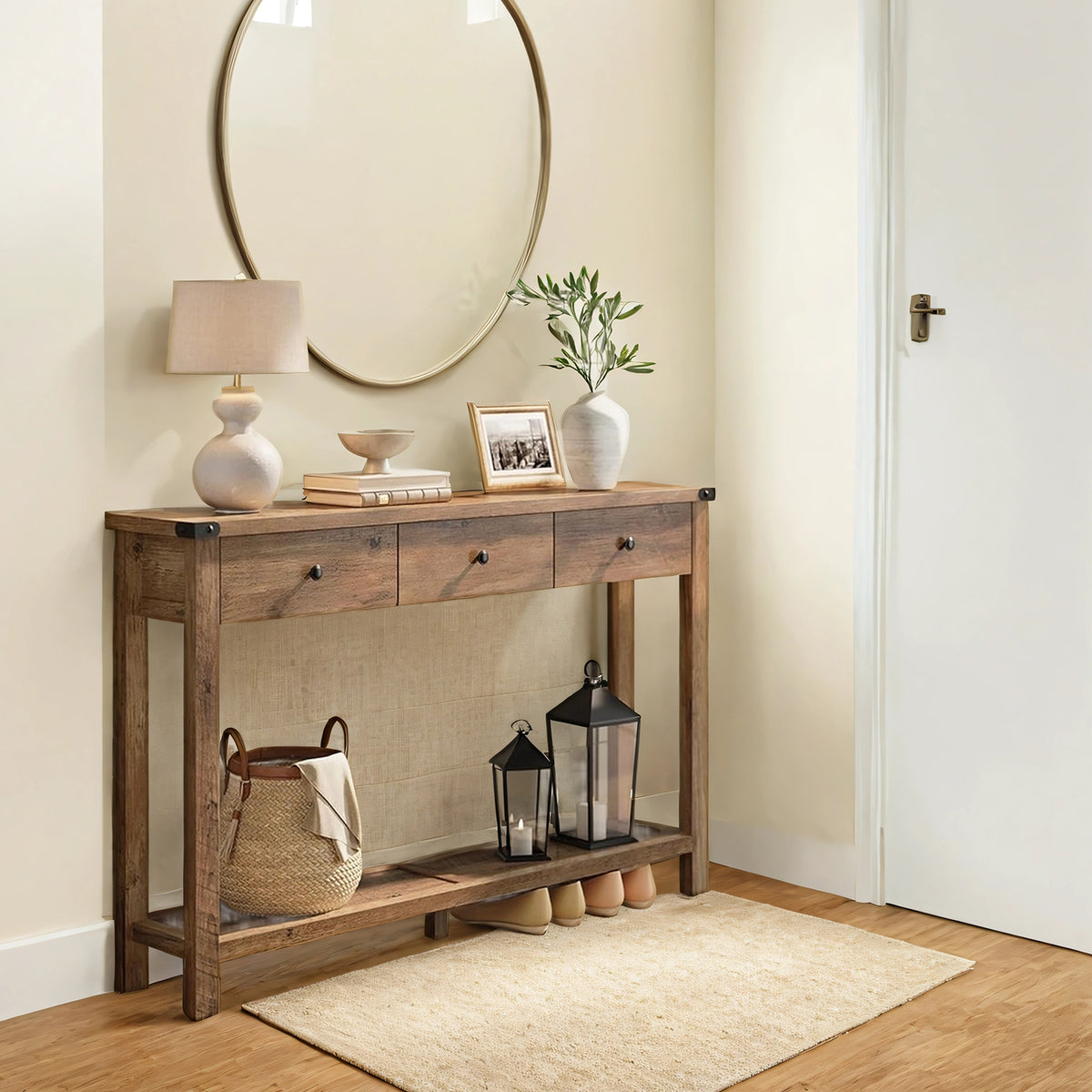 LEDREM Entryway Table with Storage Shelf and 3 Drawers, Farmhouse Console for Living Room, Metal Accents, Honey Brown and Matte Black