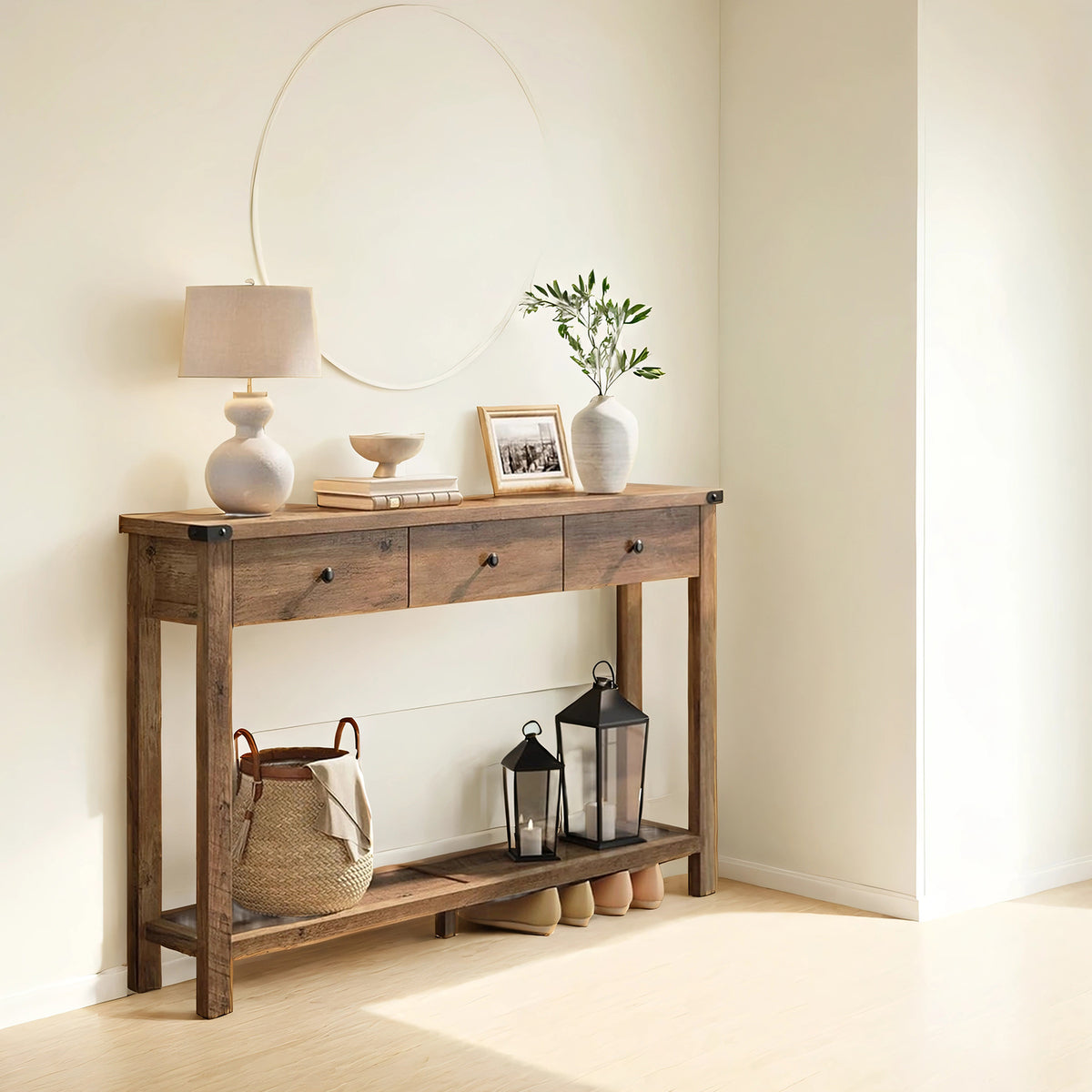 LEDREM Entryway Table with Storage Shelf and 3 Drawers, Farmhouse Console for Living Room, Metal Accents, Honey Brown and Matte Black