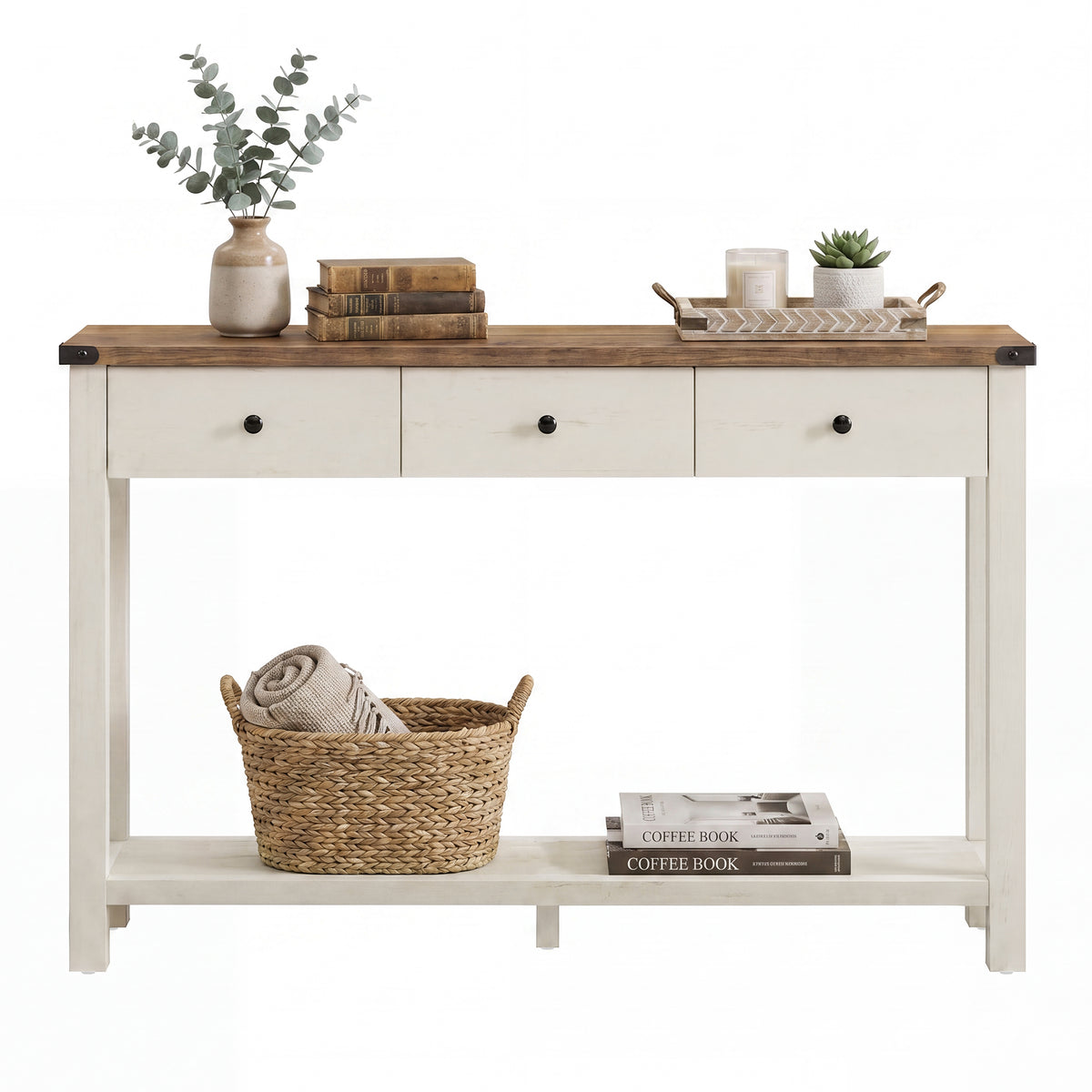 LEDREM Console Table with 3 Drawers, Narrow Entryway Table with Storage for Living Room, 47.2 x 9.5 x 29.9 Inches, White