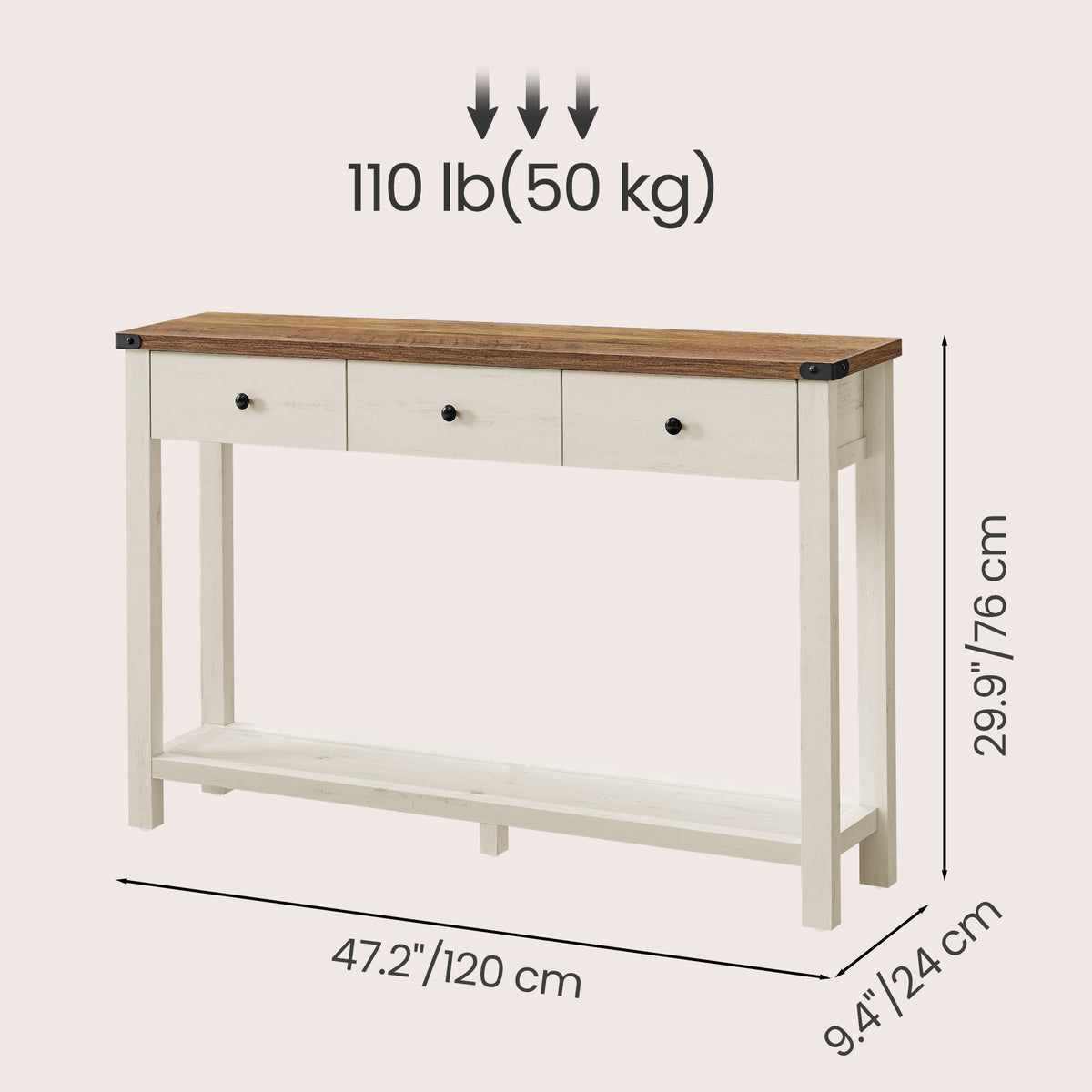 LEDREM Console Table with 3 Drawers, Narrow Entryway Table with Storage for Living Room, 47.2 x 9.5 x 29.9 Inches, White