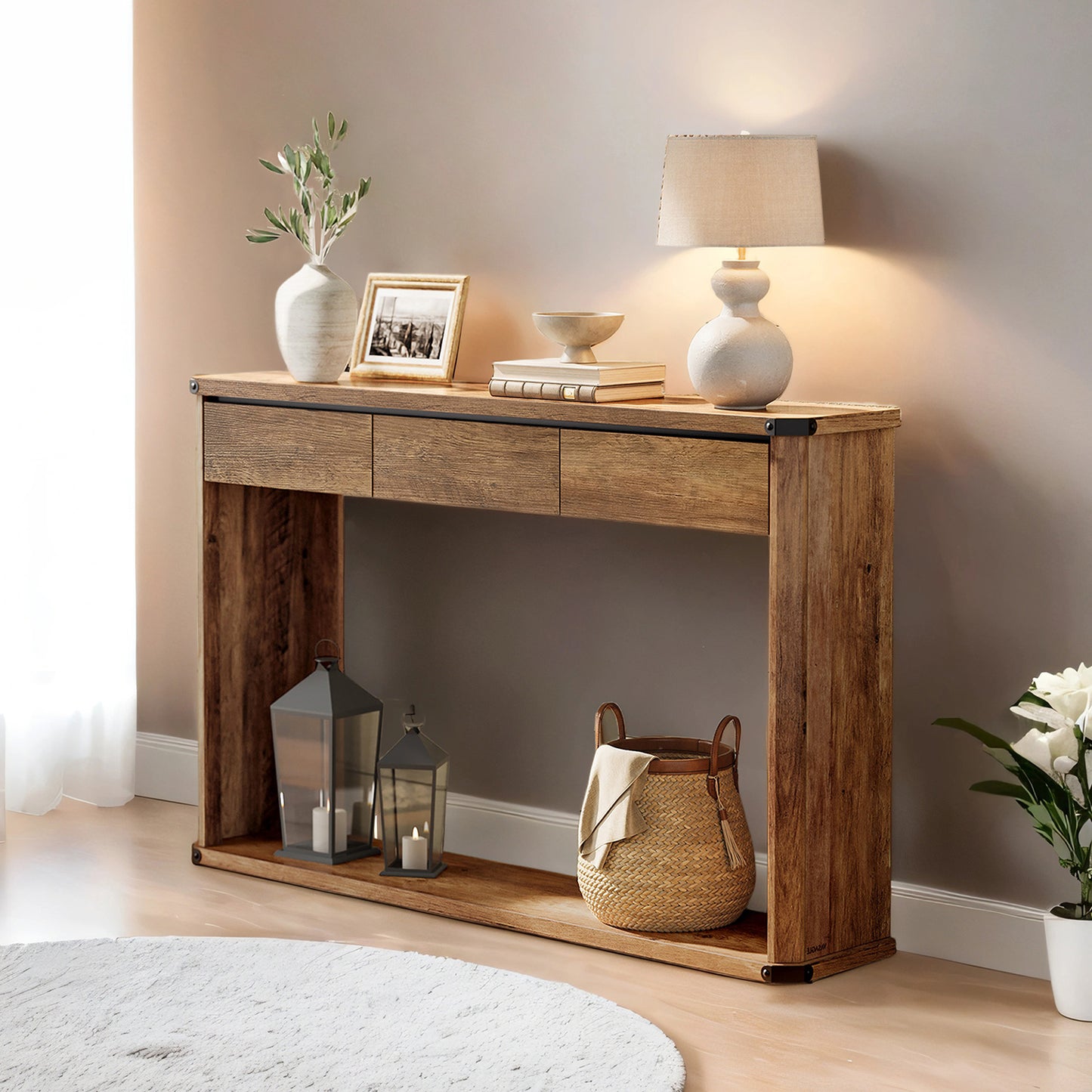 47.2-Inch Farmhouse Console Table, Narrow Sofa Table with 3 Drawers & Bottom Shelf, 110 lb Capacity, Honey Brown