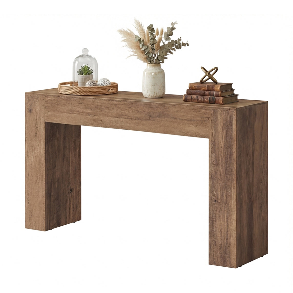 Long Console Table, Farmhouse Entryway Table with Thick Top, U-Shaped Design for Hallway Behind Couch Living Room, 47.2" Wide, Honey Brown