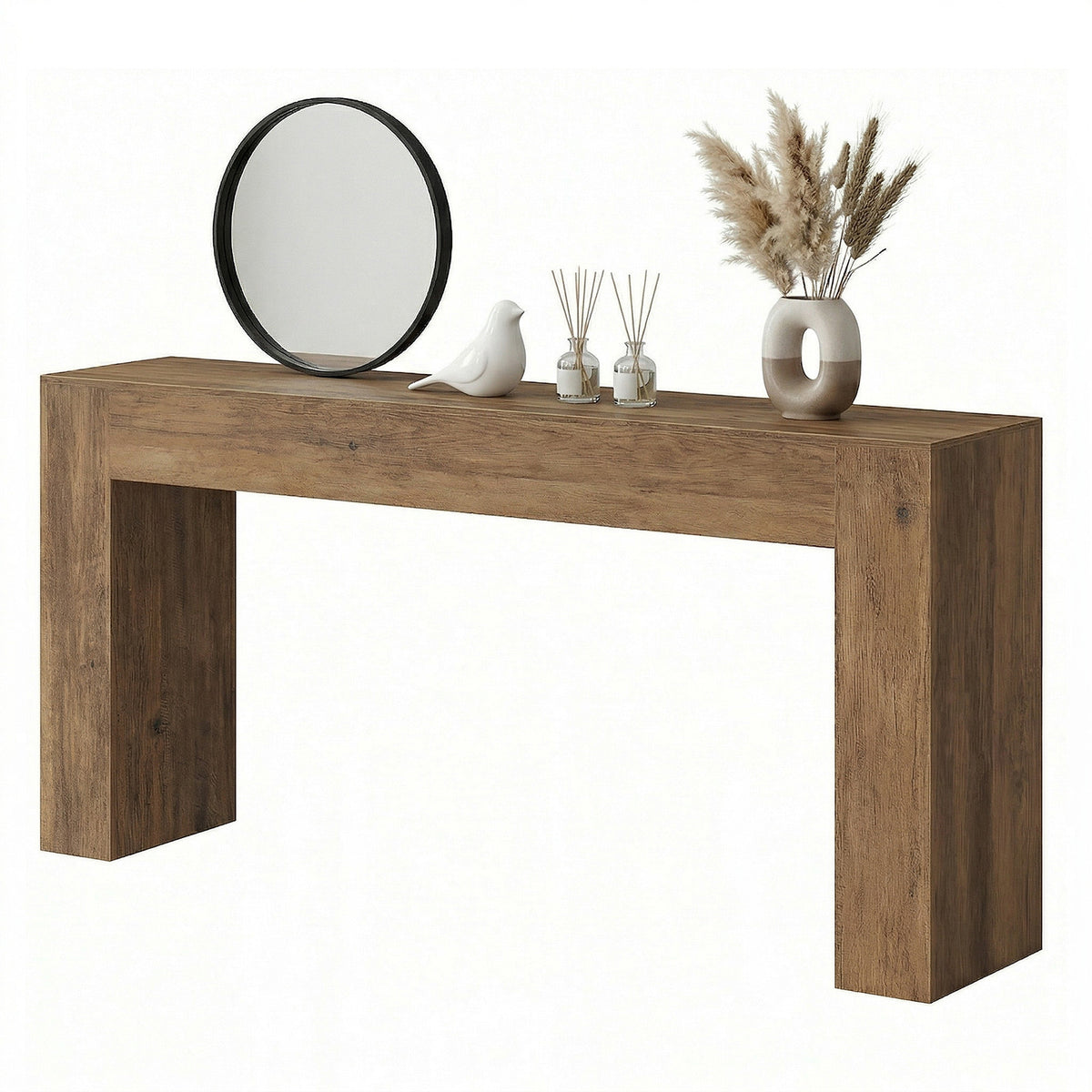 Long Console Table, Farmhouse Entryway Table with Thick Top, U-Shaped Design for Hallway Behind Couch Living Room, 63" Wide, Honey Brown