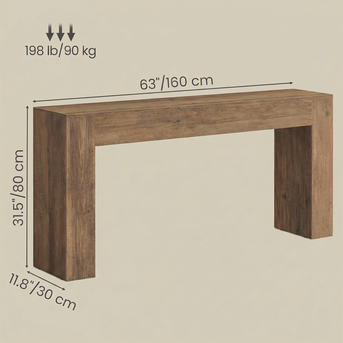 Long Console Table, Farmhouse Entryway Table with Thick Top, U-Shaped Design for Hallway Behind Couch Living Room, 63" Wide, Honey Brown