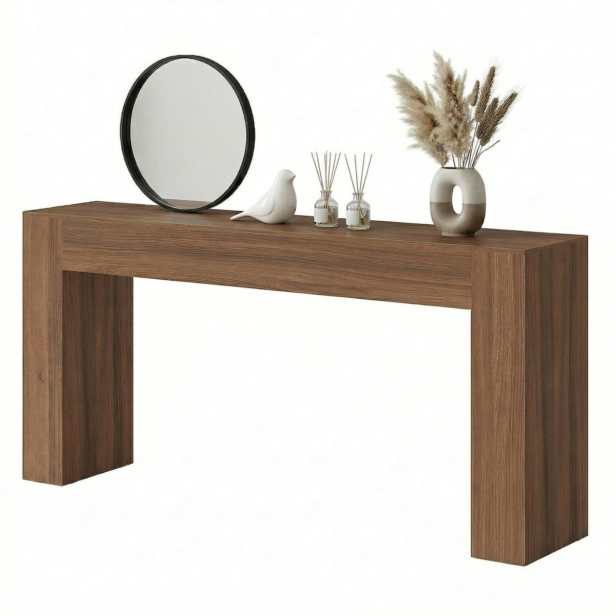 Long Console Table, Farmhouse Entryway Table with Thick Top, U-Shaped Design for Hallway Behind Couch Living Room, 63" Wide, Chestnut Brown