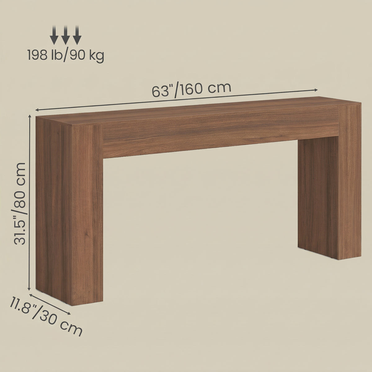 Long Console Table, Farmhouse Entryway Table with Thick Top, U-Shaped Design for Hallway Behind Couch Living Room, 63" Wide, Chestnut Brown