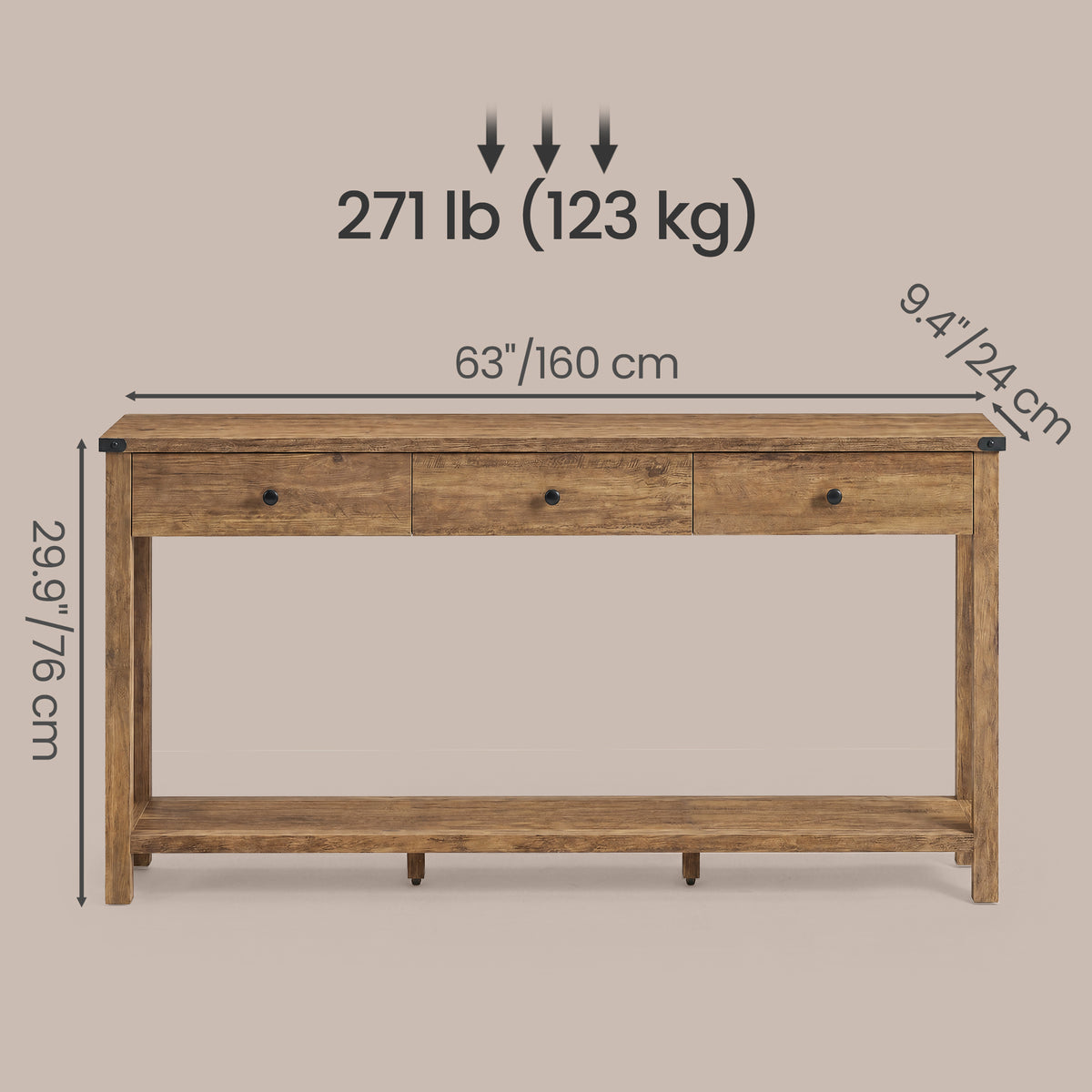 Console Table with 3 Drawers, Narrow Entryway Table with Storage for Living Room, 63 x 9.4 x 29.9 Inches, Warm Brown