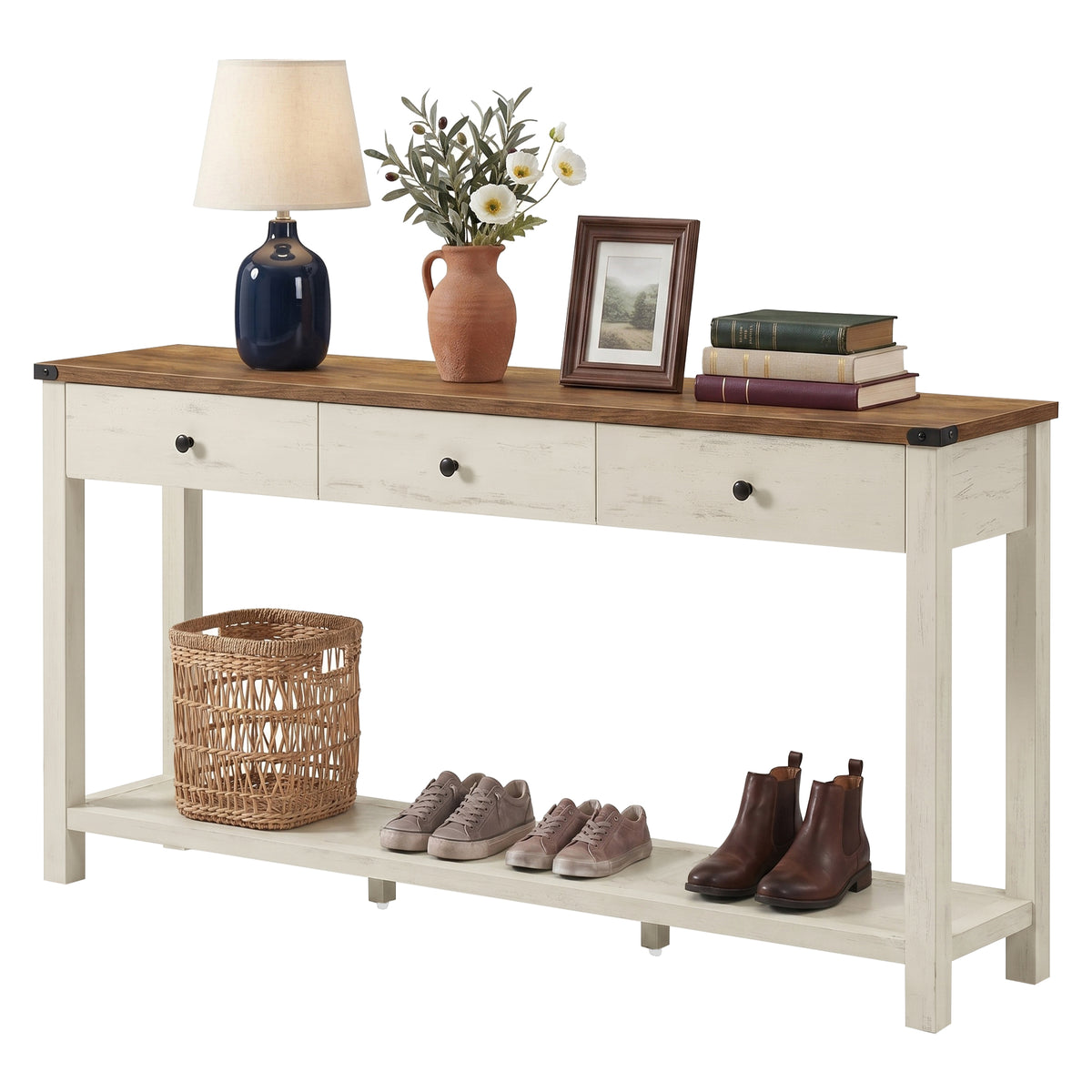 Console Table with 3 Drawers, Narrow Entryway Table with Storage for Living Room, 63 x 9.4 x 29.9 Inches, Cloud White and Warm Brown