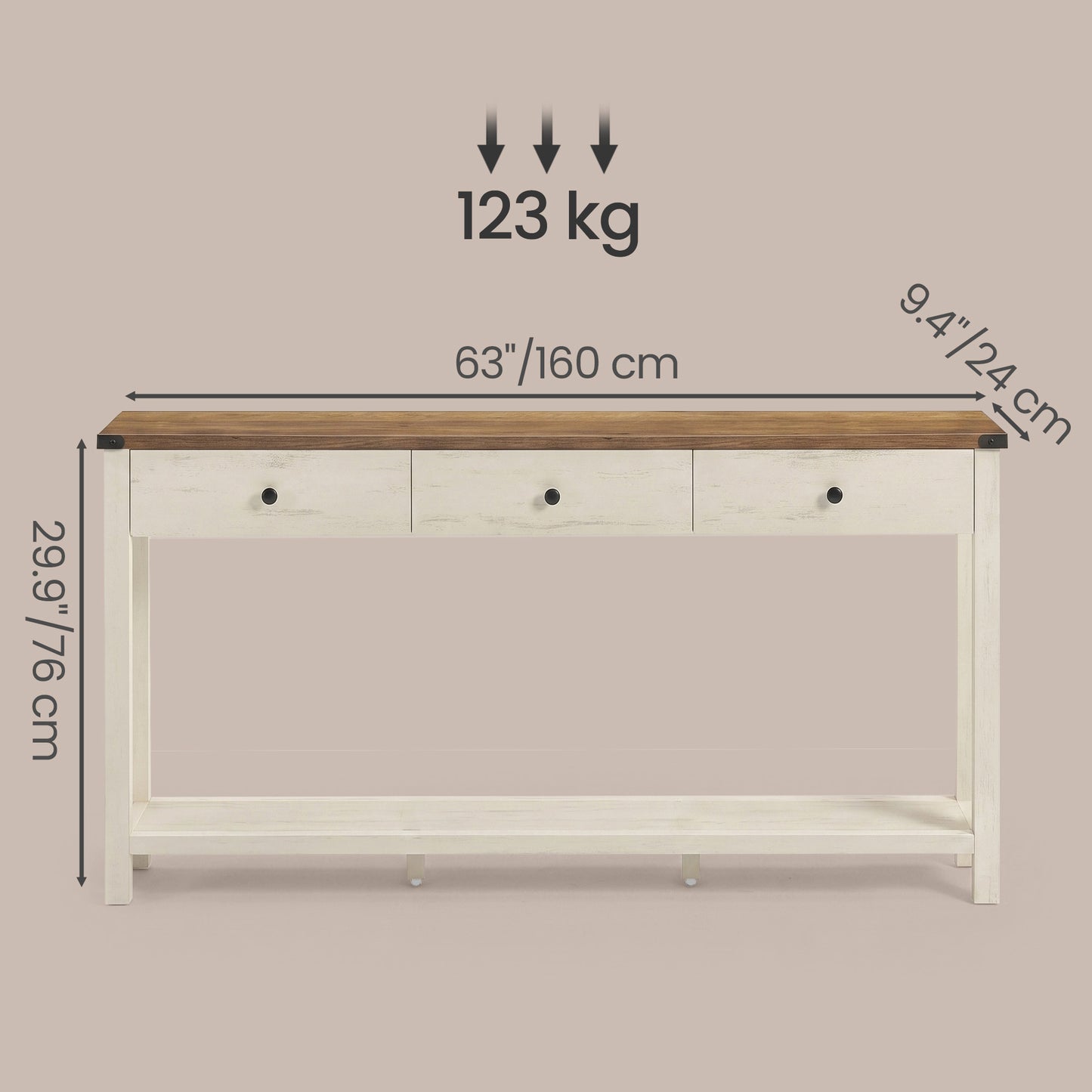 Console Table with 3 Drawers, Narrow Entryway Table with Storage for Living Room, 63 x 9.4 x 29.9 Inches, Cloud White and Warm Brown