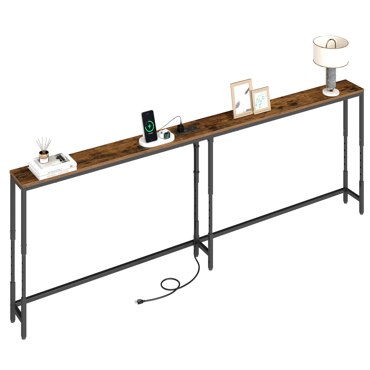 Height Adjustable Console Table with Power Outlets, Narrow Sofa Table, 78.7 x 5.9 x (25.2-35.2) Inches, Tan and Black