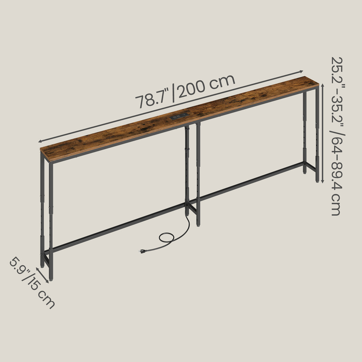 Height Adjustable Console Table with Power Outlets, Narrow Sofa Table, 78.7 x 5.9 x (25.2-35.2) Inches, Tan and Black