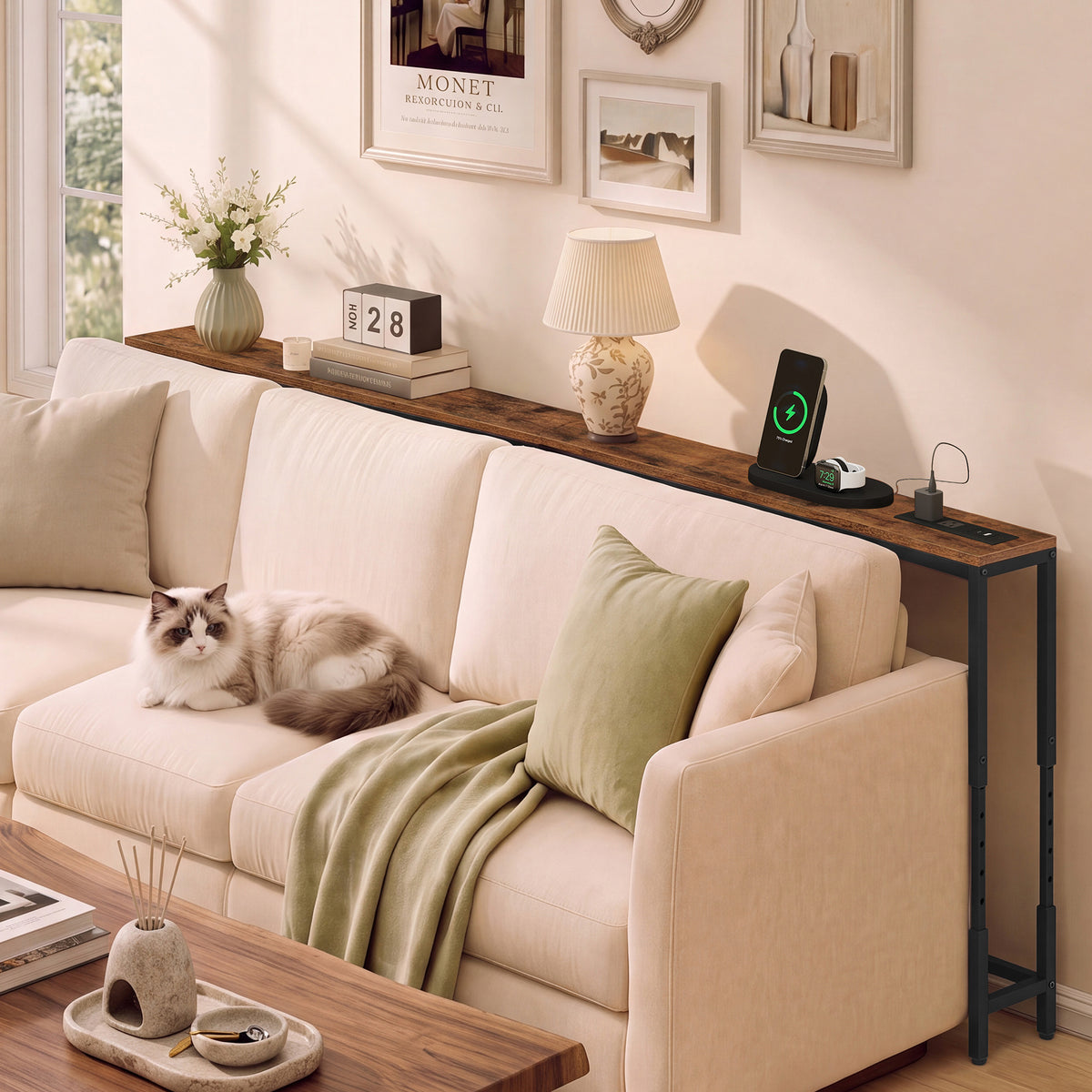 Height Adjustable Console Table with Power Outlets, Narrow Sofa Table, 78.7 x 5.9 x (25.2-35.2) Inches, Tan and Black
