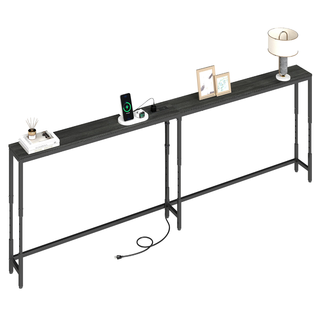 LEDREM Height Adjustable Console Table with Power Outlets, Narrow Sofa Table, 106.3 x 5.9 x (25.2-35.2) Inches, Black