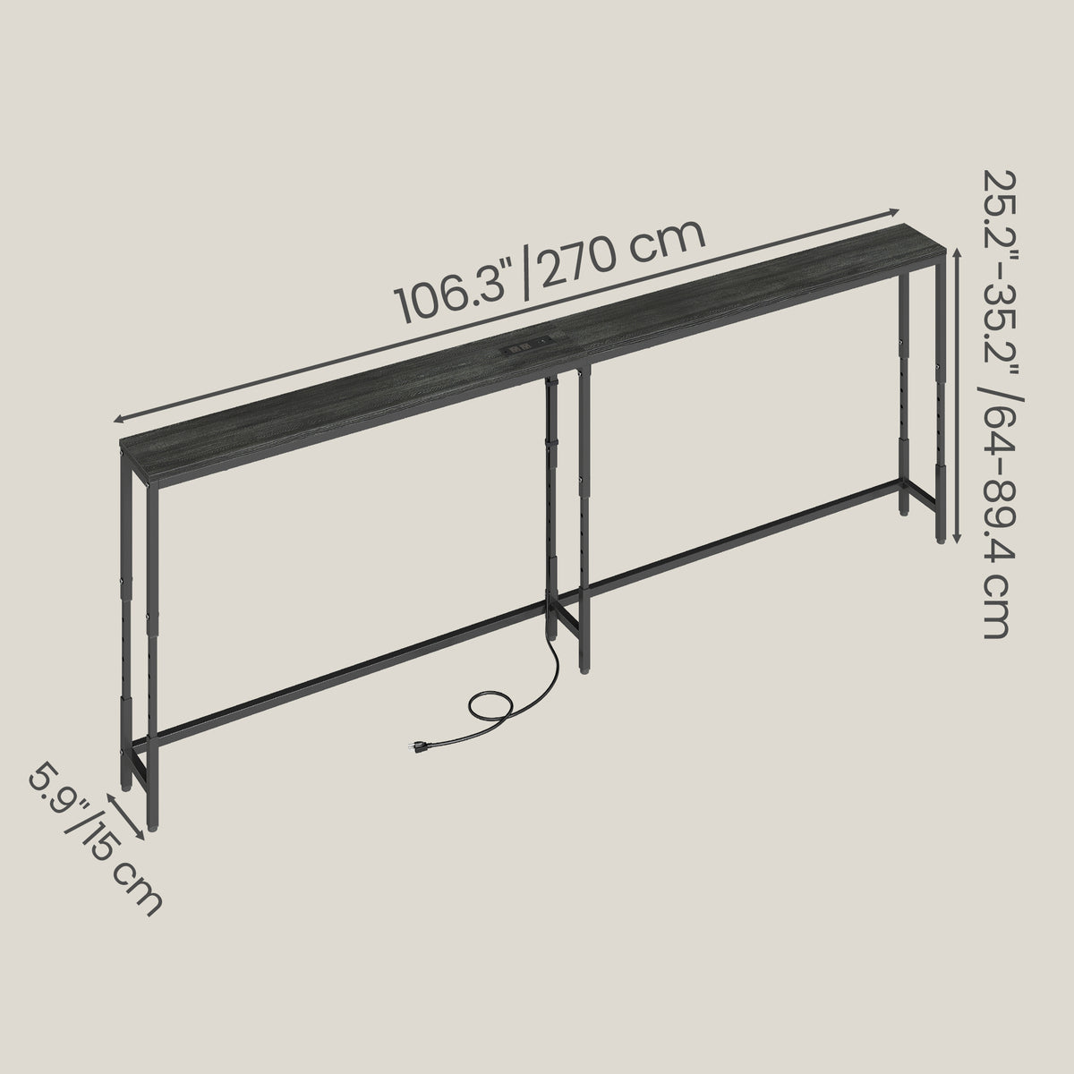 LEDREM Height Adjustable Console Table with Power Outlets, Narrow Sofa Table, 106.3 x 5.9 x (25.2-35.2) Inches, Black