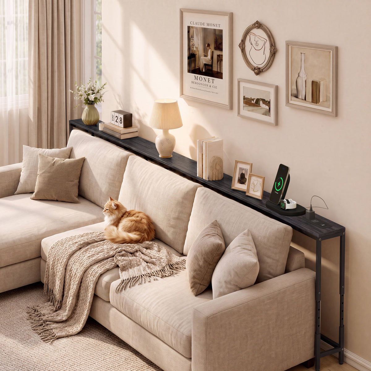 LEDREM Height Adjustable Console Table with Power Outlets, Narrow Sofa Table, 106.3 x 5.9 x (25.2-35.2) Inches, Black