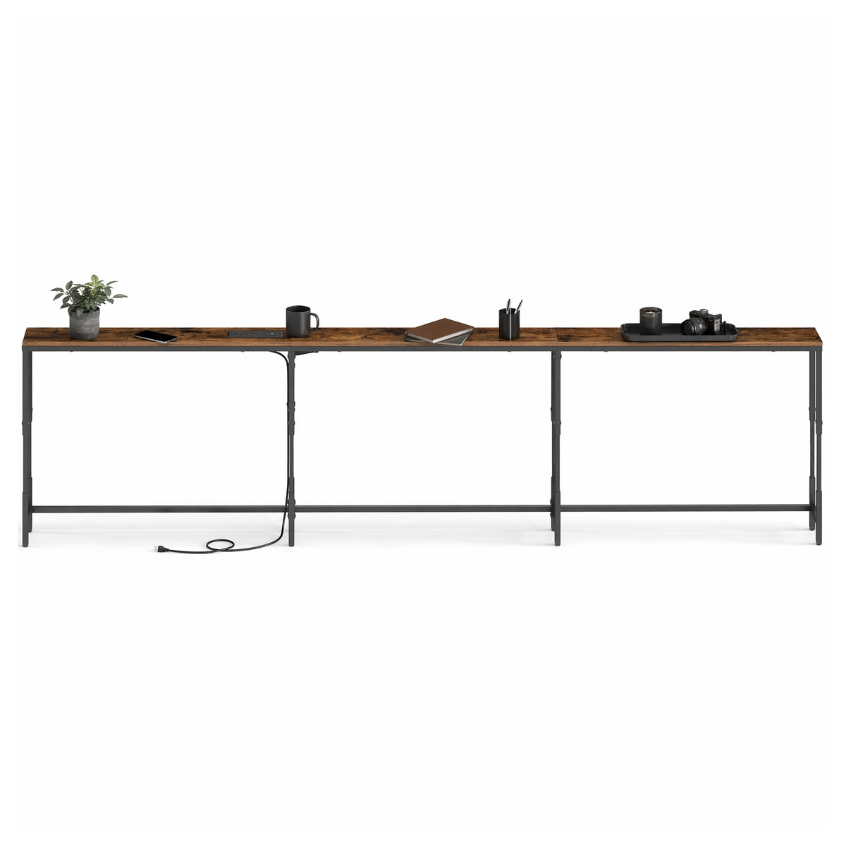LEDREM Height Adjustable Console Table with Power Outlets, Narrow Sofa Table, 106.3 x 5.9 x (25.2-35.2) Inches, Tan and Black