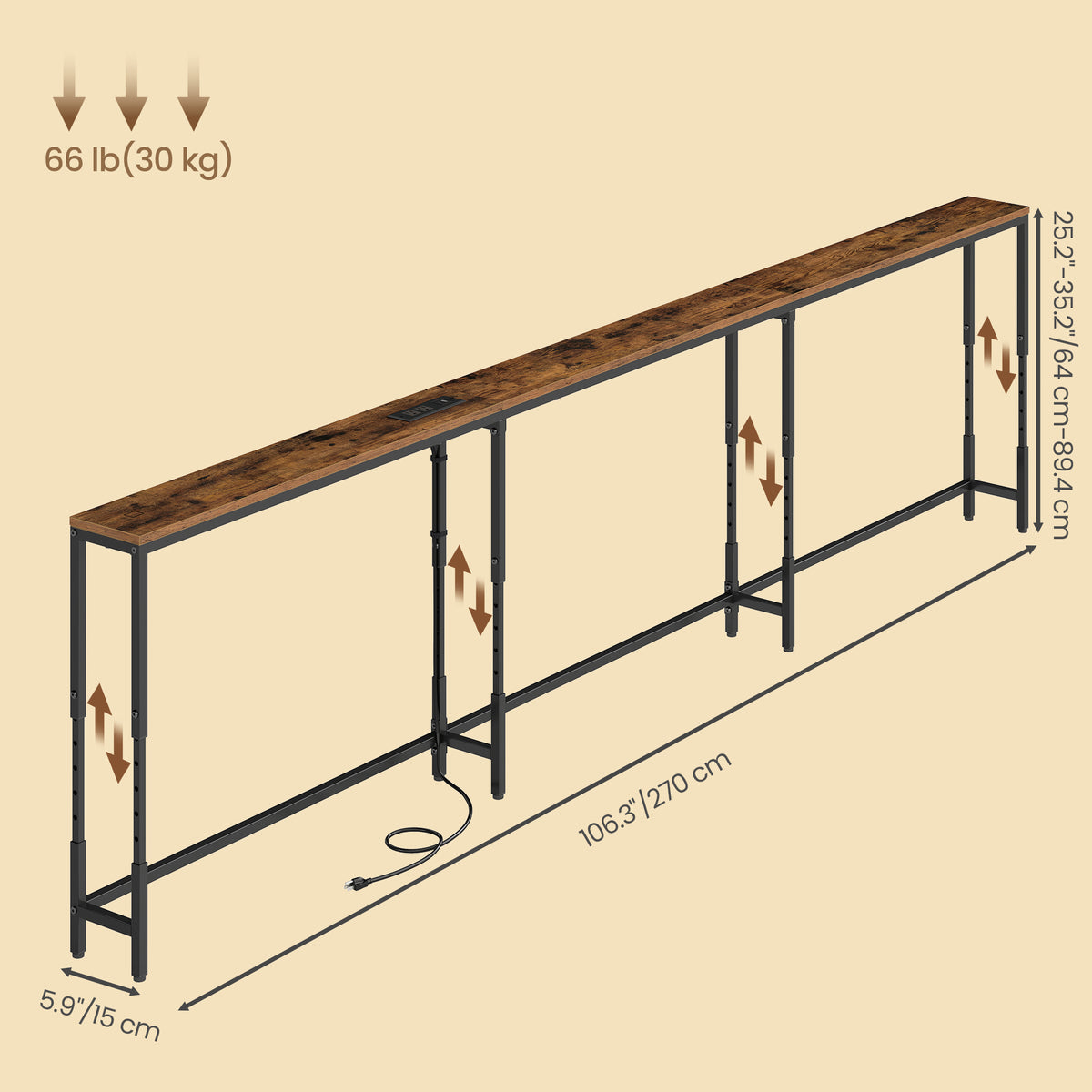 LEDREM Height Adjustable Console Table with Power Outlets, Narrow Sofa Table, 106.3 x 5.9 x (25.2-35.2) Inches, Tan and Black