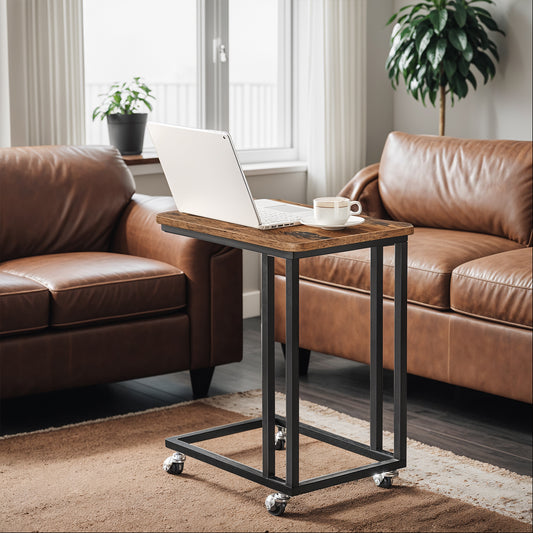 C-Shaped End Table with Wheels - Industrial Side Table for Sofa & Bed, Adjustable Height, Rustic Brown and Black