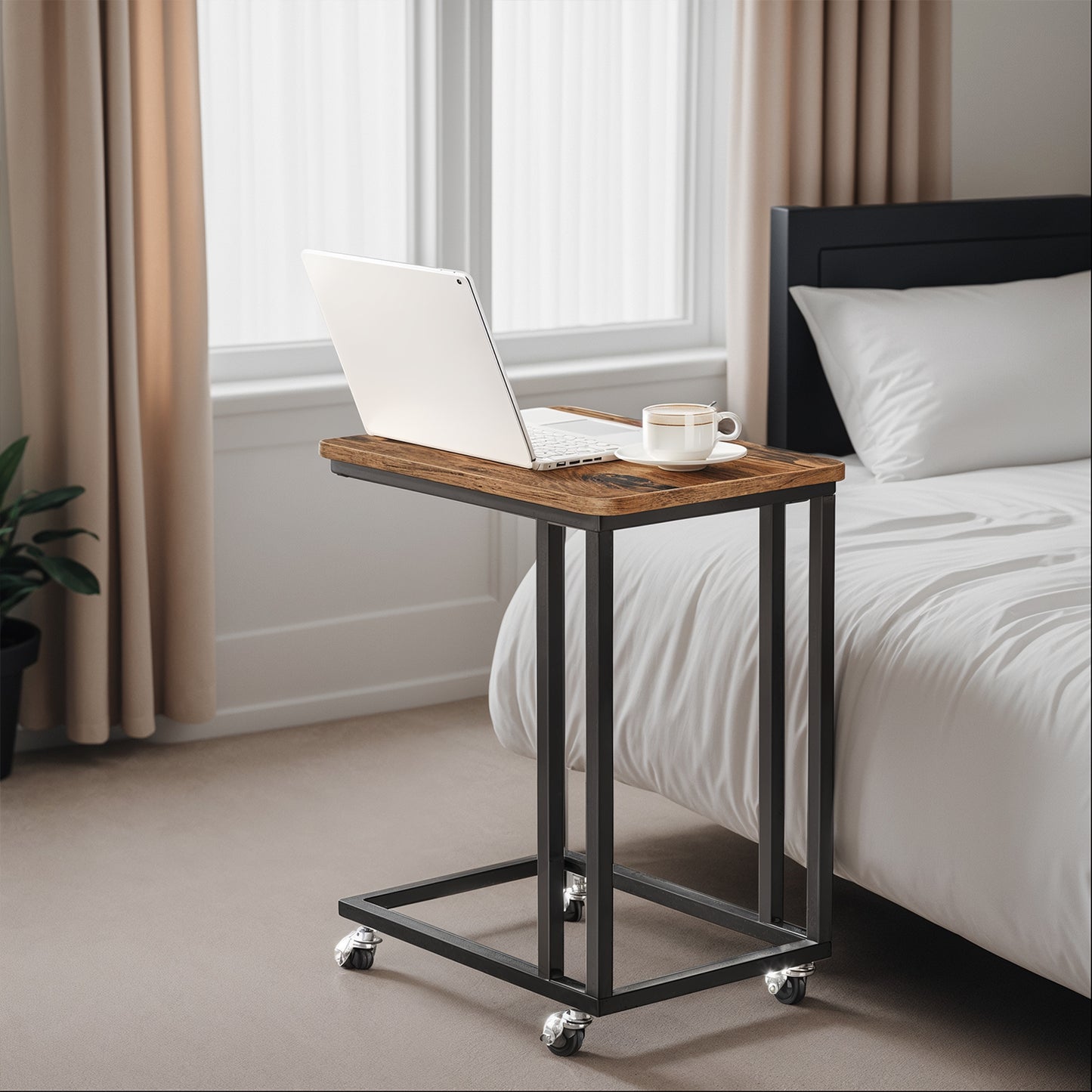 C-Shaped End Table with Wheels - Industrial Side Table for Sofa & Bed, Adjustable Height, Rustic Brown and Black