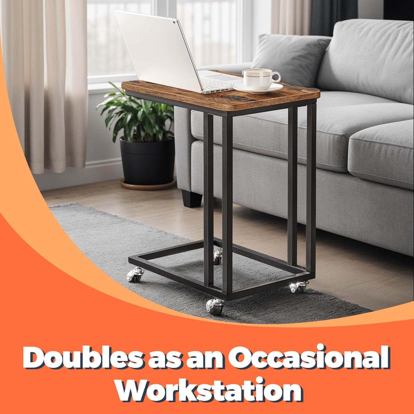 C-Shaped End Table with Wheels - Industrial Side Table for Sofa & Bed, Adjustable Height, Rustic Brown and Black