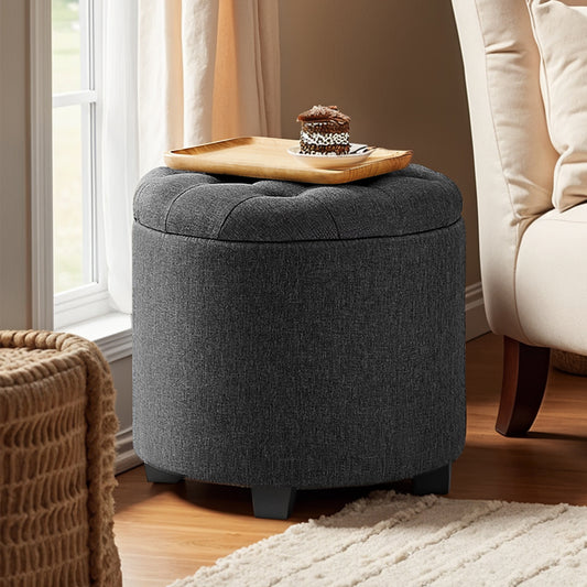 Round Storage Ottoman - 17.7" Foot Rest with Hidden Storage, 330lb Capacity, Linen-Look Upholstery, Non-Slip Feet - for Living Room, Bedroom, Dark Gray