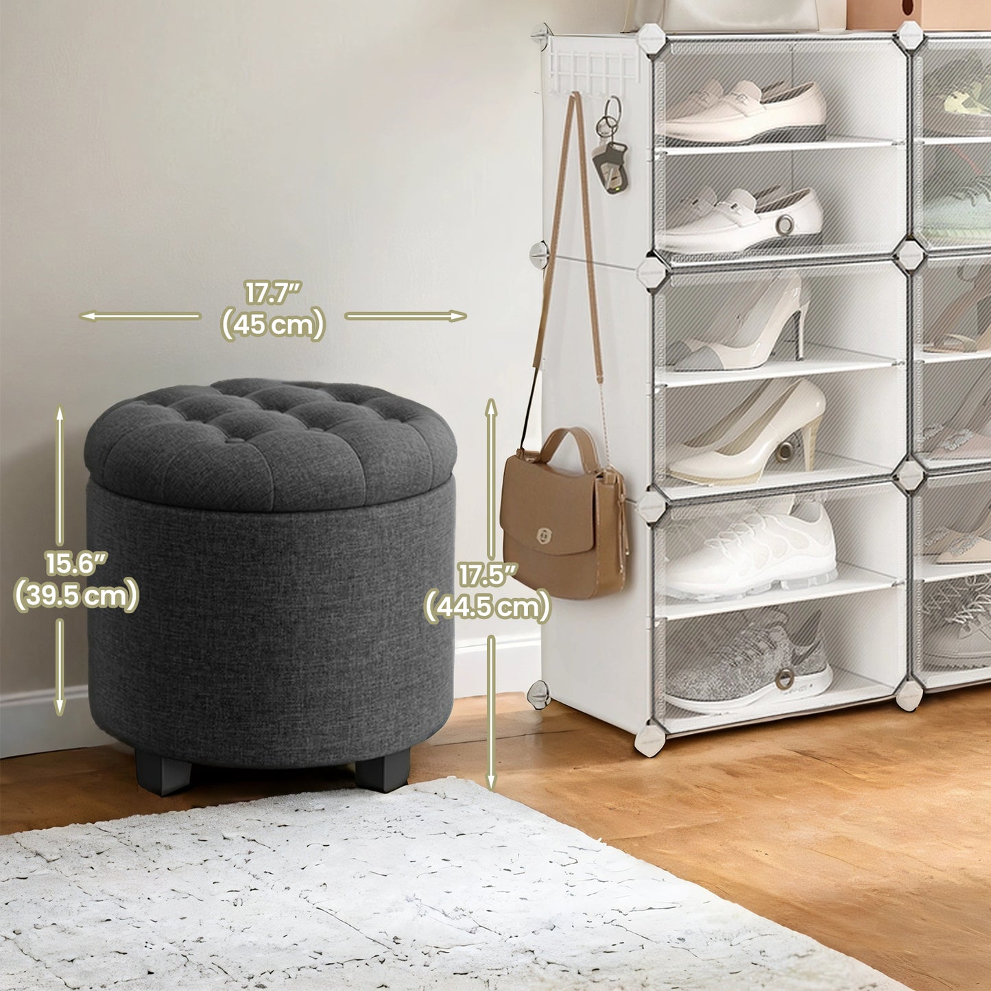 Round Storage Ottoman - 17.7" Foot Rest with Hidden Storage, 330lb Capacity, Linen-Look Upholstery, Non-Slip Feet - for Living Room, Bedroom, Dark Gray