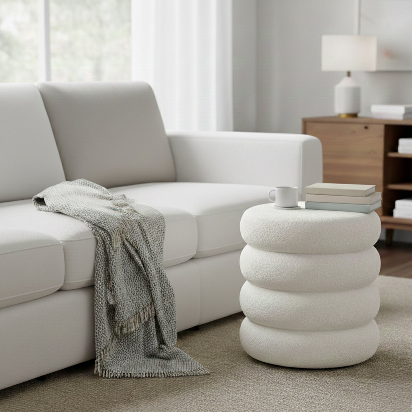 Round Storage Ottoman with Removable Lid, Teddy Fleece Upholstered Foot Stool for Living Room, Bedroom, 16.9 x 18.5 x 16.9 Inches, White