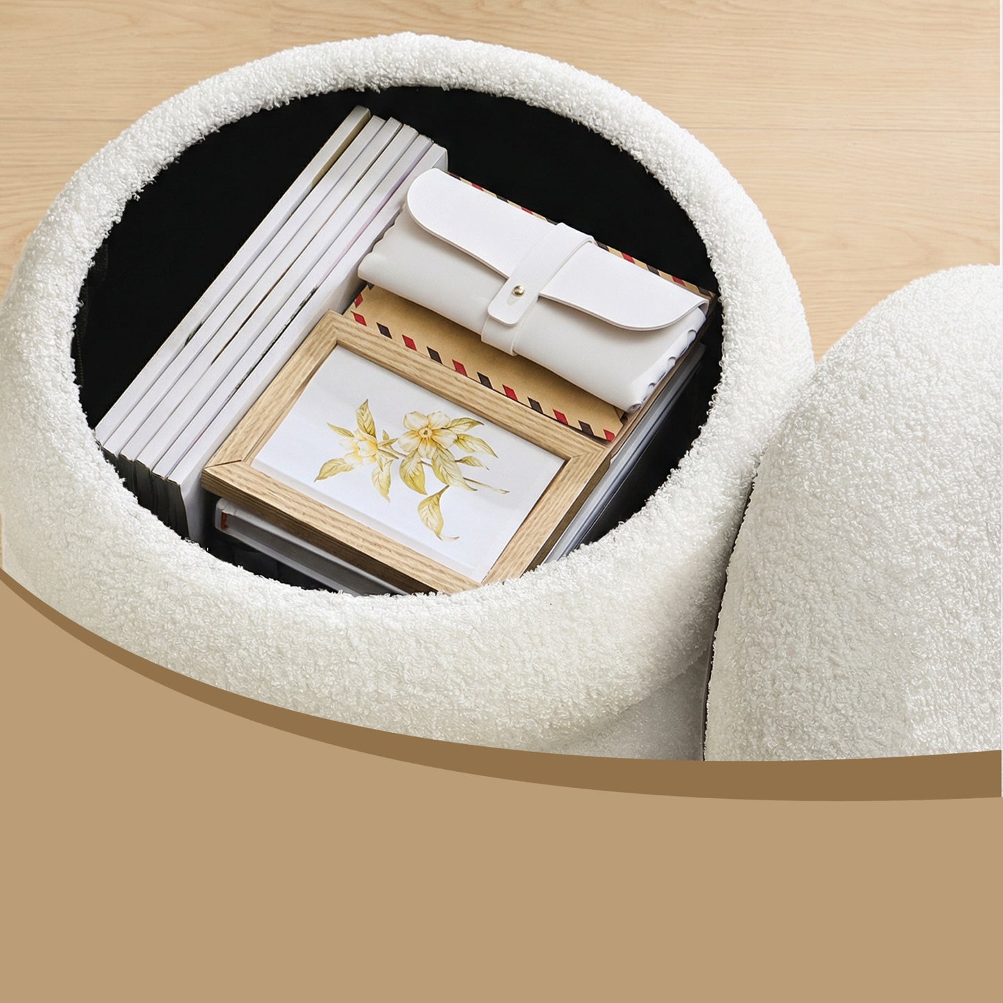 Round Storage Ottoman with Removable Lid, Teddy Fleece Upholstered Foot Stool for Living Room, Bedroom, 16.9 x 18.5 x 16.9 Inches, White