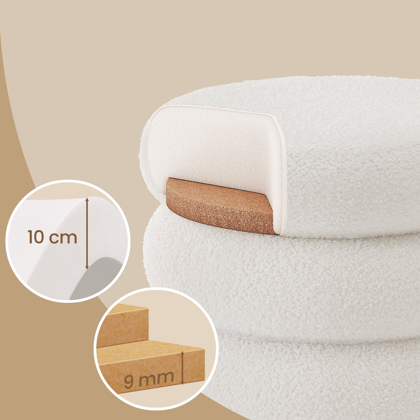 Round Storage Ottoman with Removable Lid, Teddy Fleece Upholstered Foot Stool for Living Room, Bedroom, 16.9 x 18.5 x 16.9 Inches, White