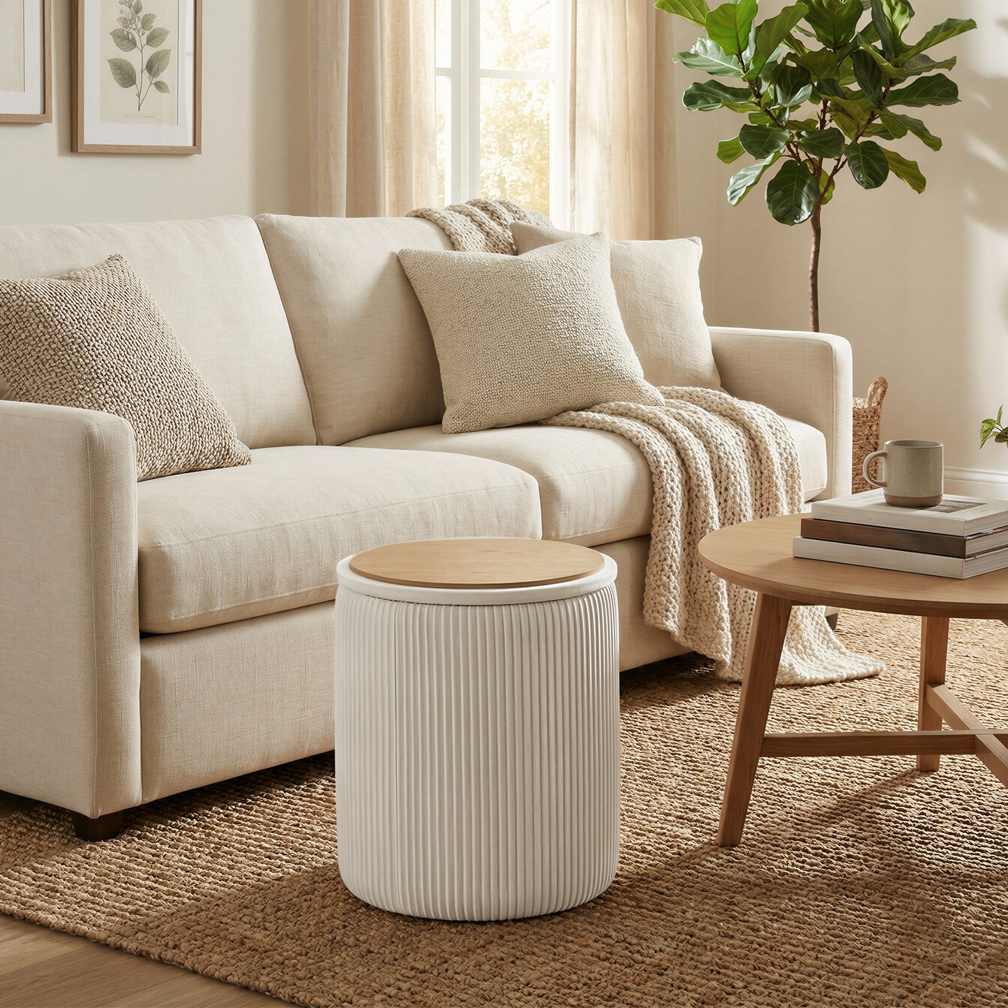 Set of 2 Round Velvet Storage Ottomans, Vanity Stools with Removable Lid, Footrest & Coffee Table, for Living Room, Bedroom, Cream White