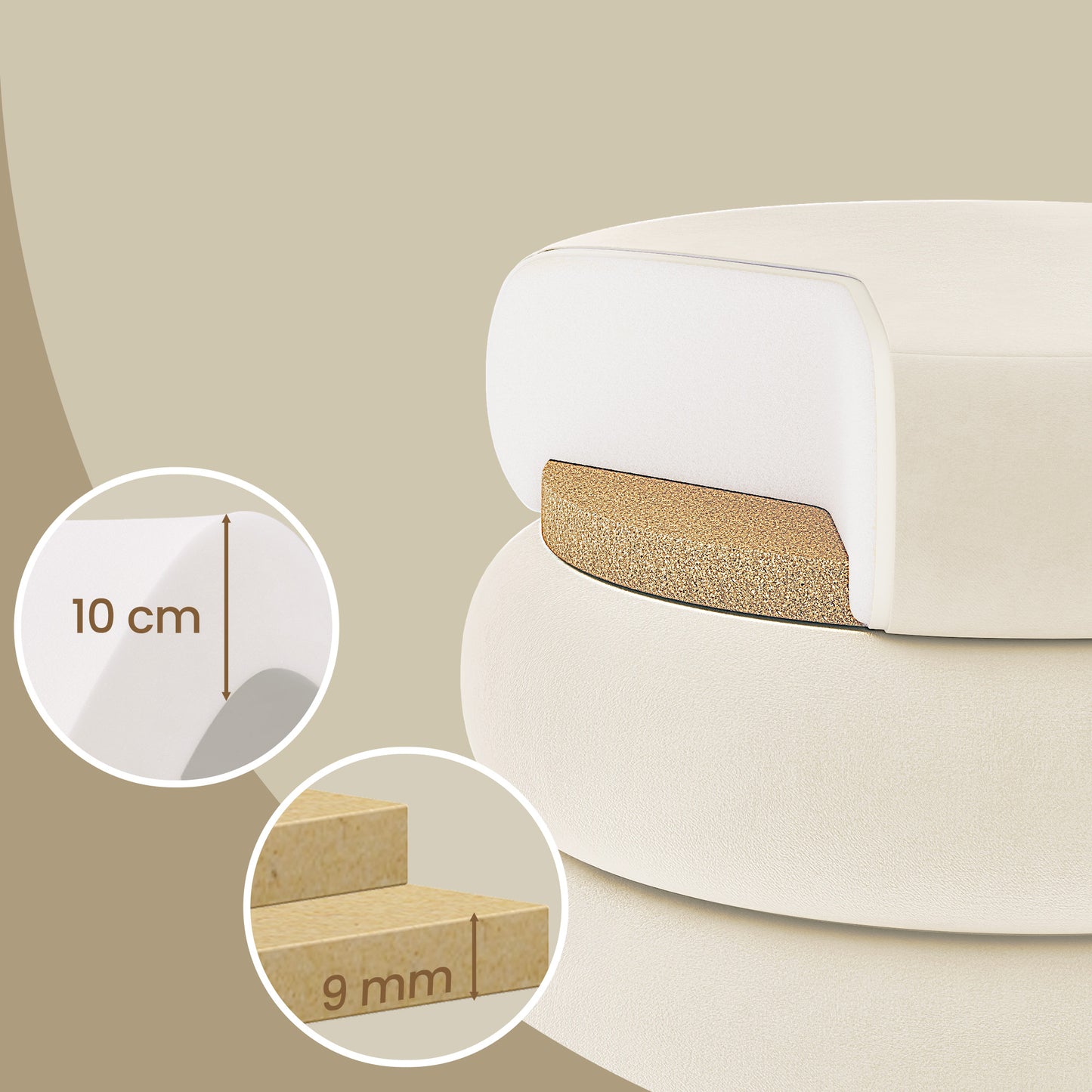 Round Velvet Storage Ottoman with Removable Lid, 16.9 Inch Upholstered Foot Stool for Living Room Bedroom, Cream White