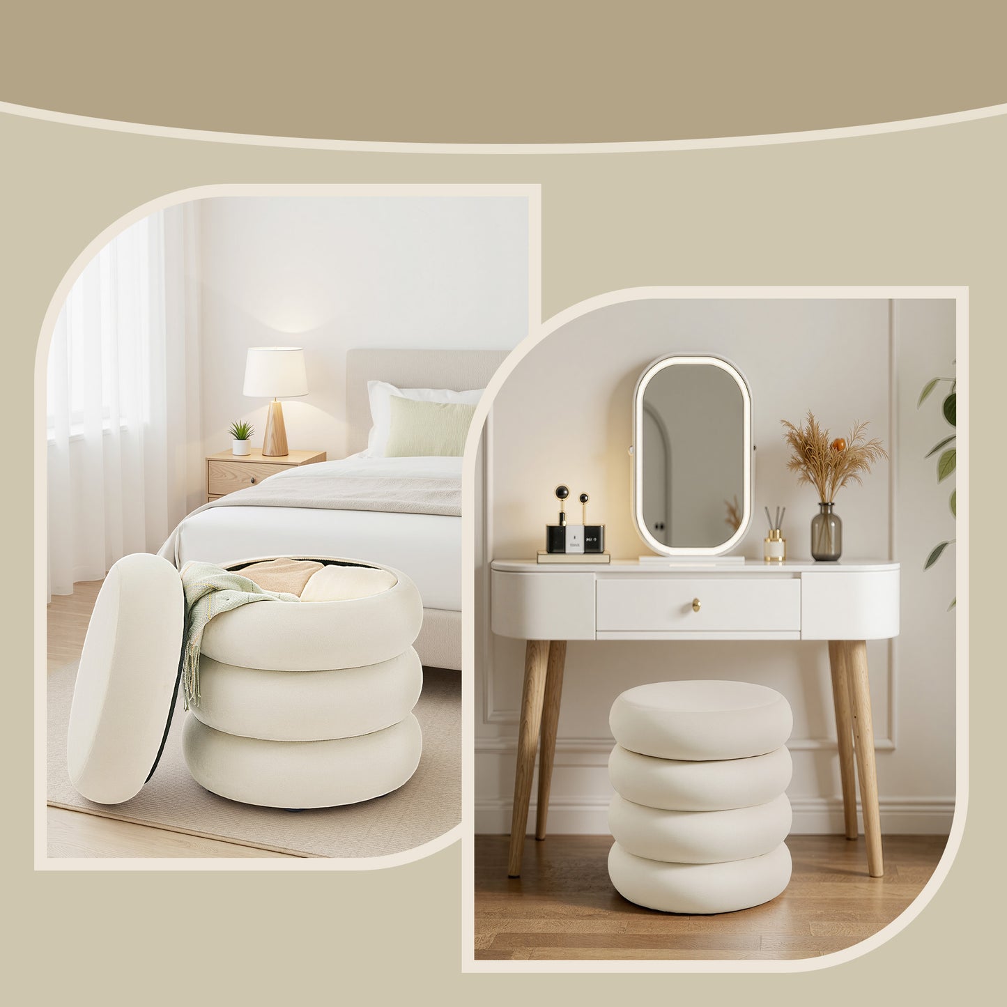 Round Velvet Storage Ottoman with Removable Lid, 16.9 Inch Upholstered Foot Stool for Living Room Bedroom, Cream White