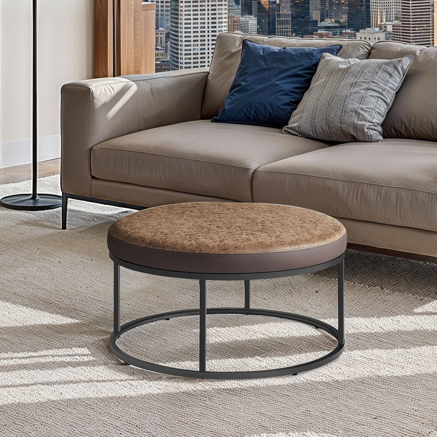 Round Ottoman with Reversible Top, Coffee Table, Footstool, Padded Seat, Side Table, Steel Frame, Max Load 660 lb, Walnut Brown