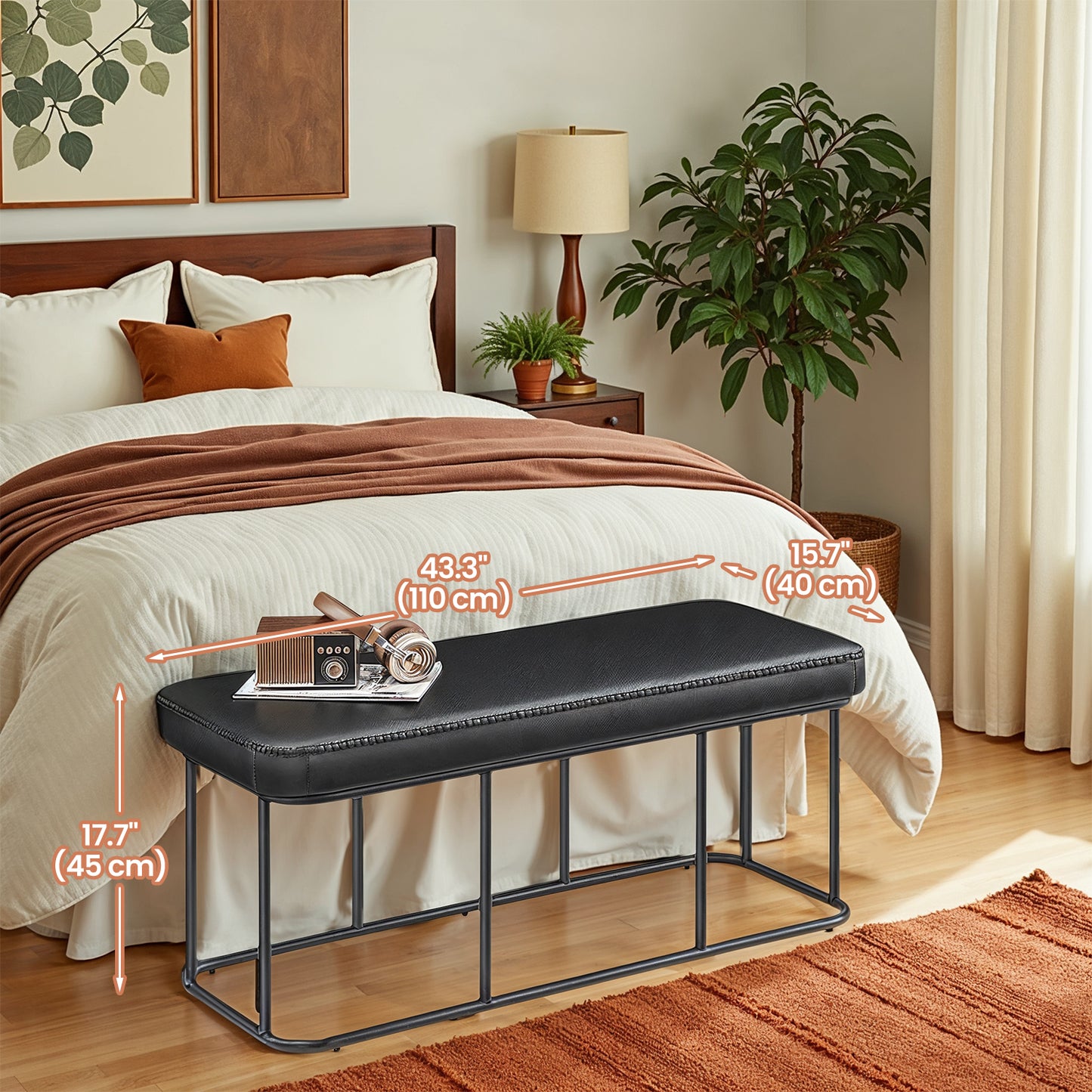 EKHO Storage Bench - 43.3" Entryway Ottoman with Steel Frame, 660lb Capacity, Mid-Century Modern Design, Ink Black