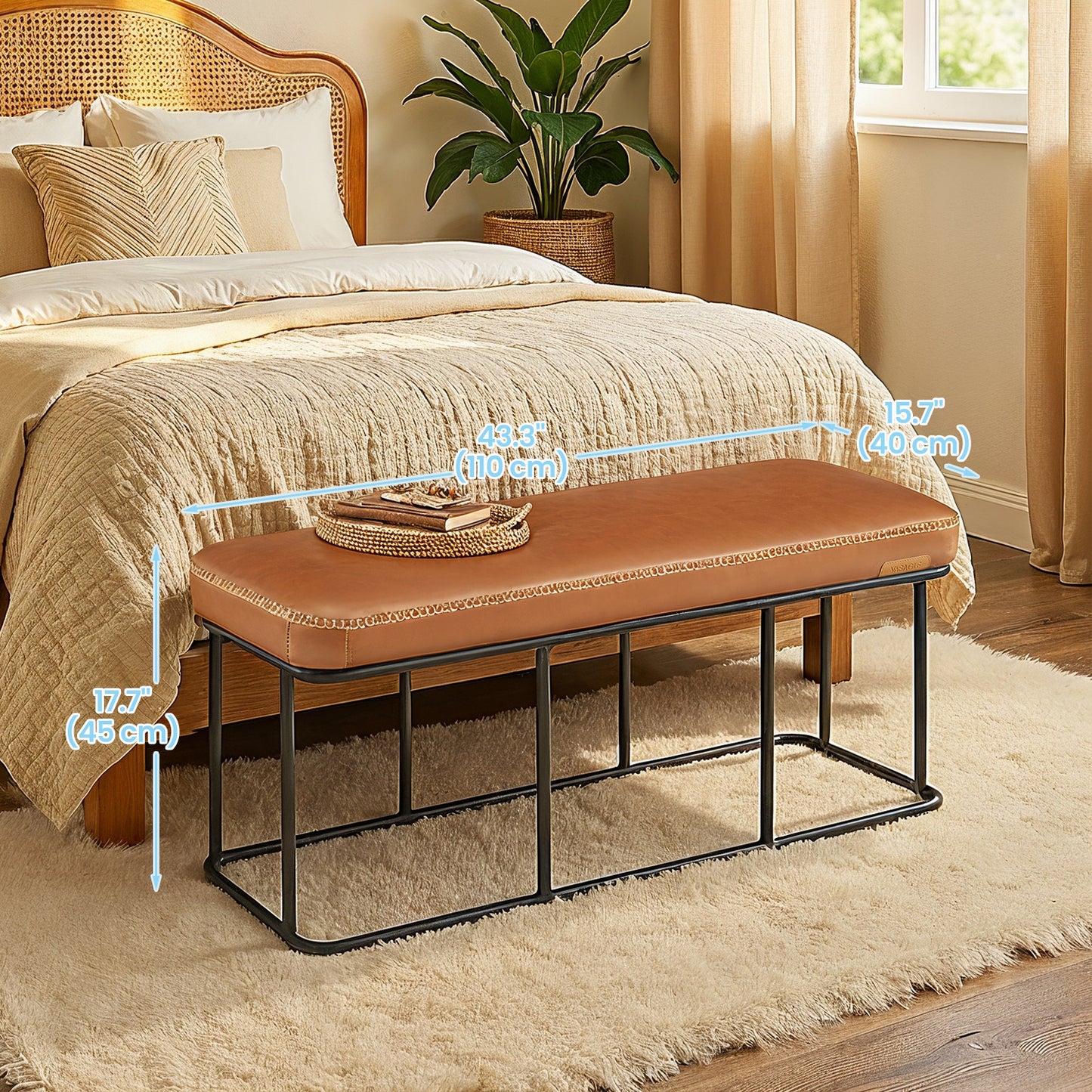 EKHO Storage Bench - 43.3" Ottoman with Steel Frame, 660lb Capacity, Mid-Century Modern Design, Caramel Brown