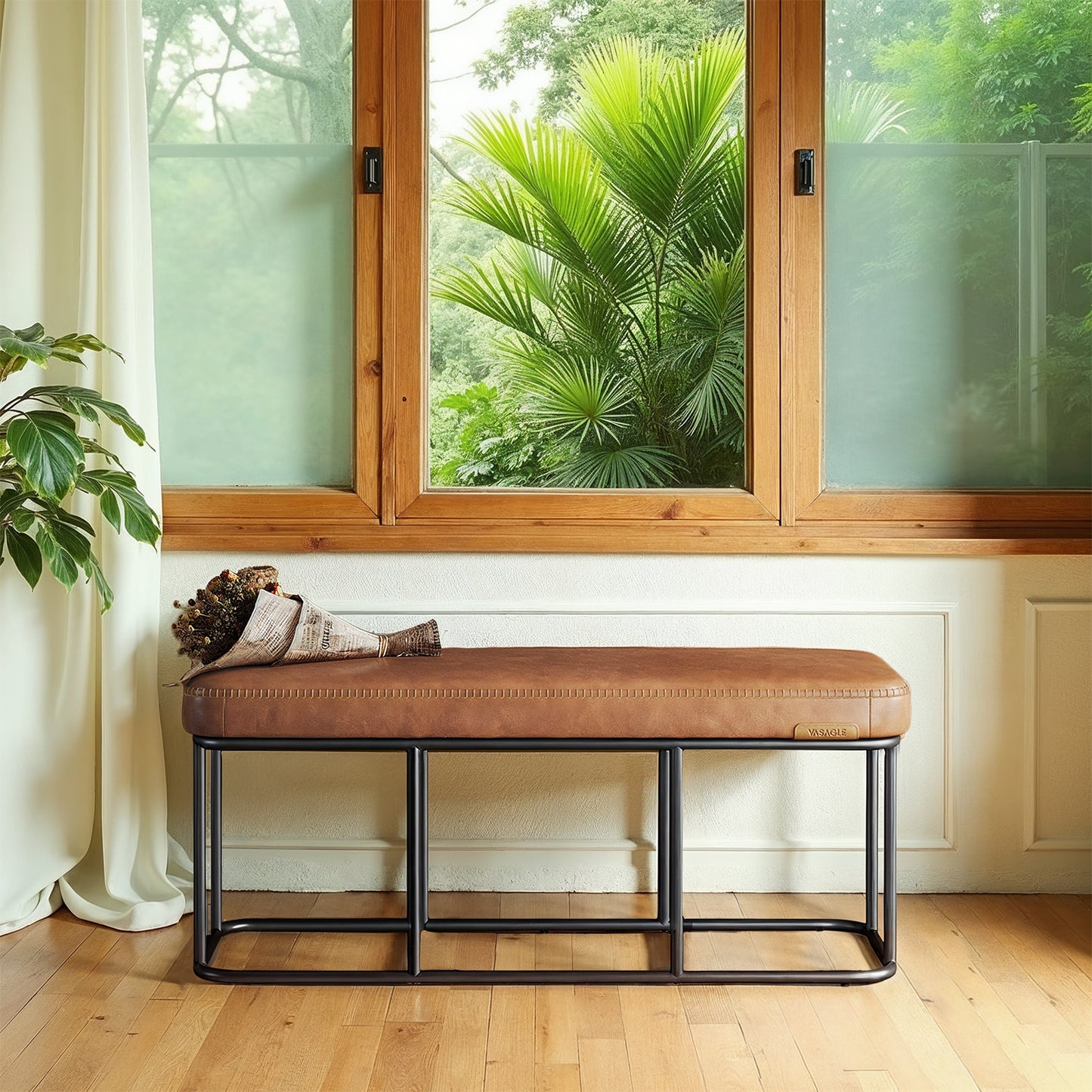 EKHO Storage Bench - 43.3" Ottoman with Steel Frame, 660lb Capacity, Mid-Century Modern Design, Caramel Brown