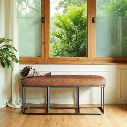 EKHO Storage Bench - 43.3" Ottoman with Steel Frame, 660lb Capacity, Mid-Century Modern Design, Caramel Brown