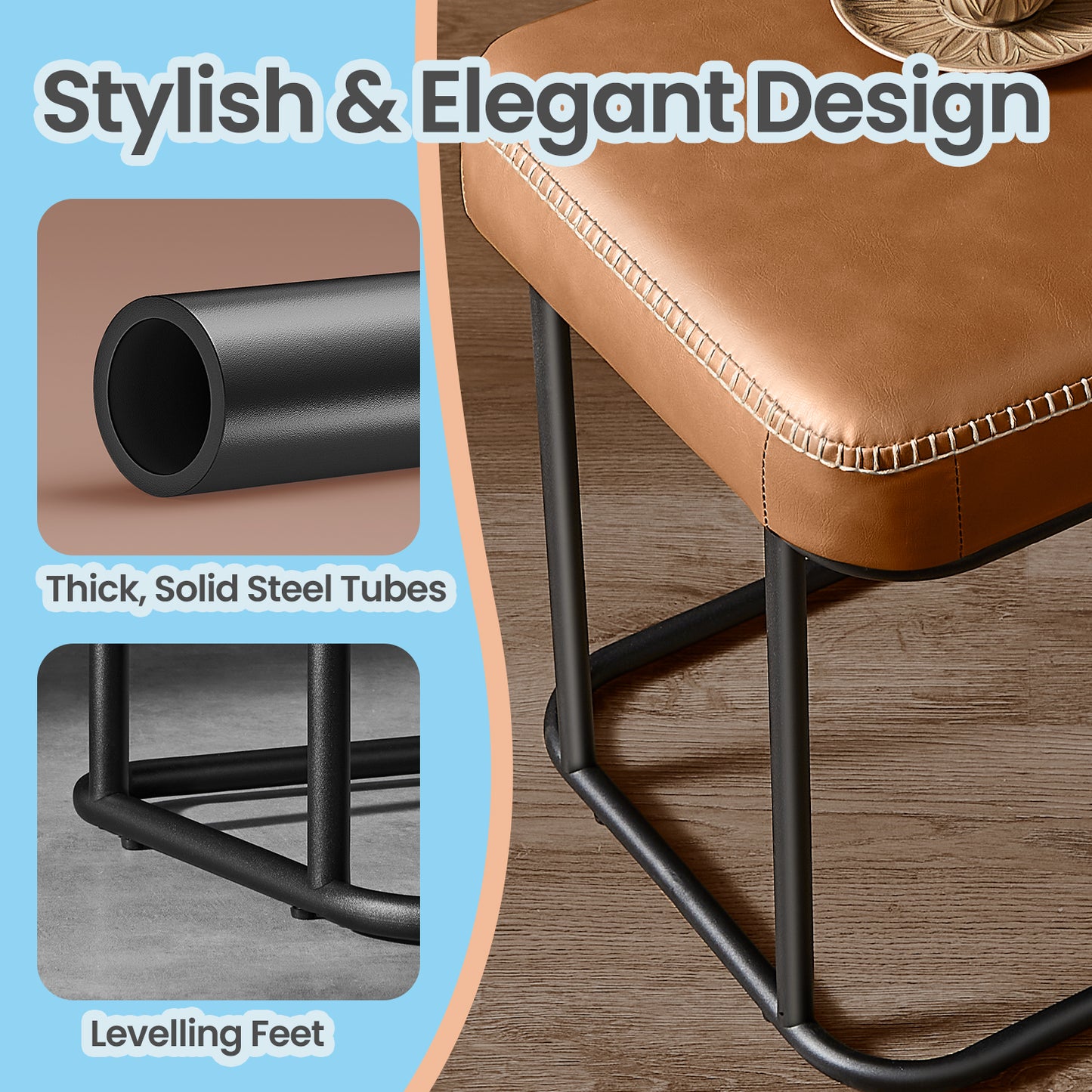 EKHO Storage Bench - 43.3" Ottoman with Steel Frame, 660lb Capacity, Mid-Century Modern Design, Caramel Brown