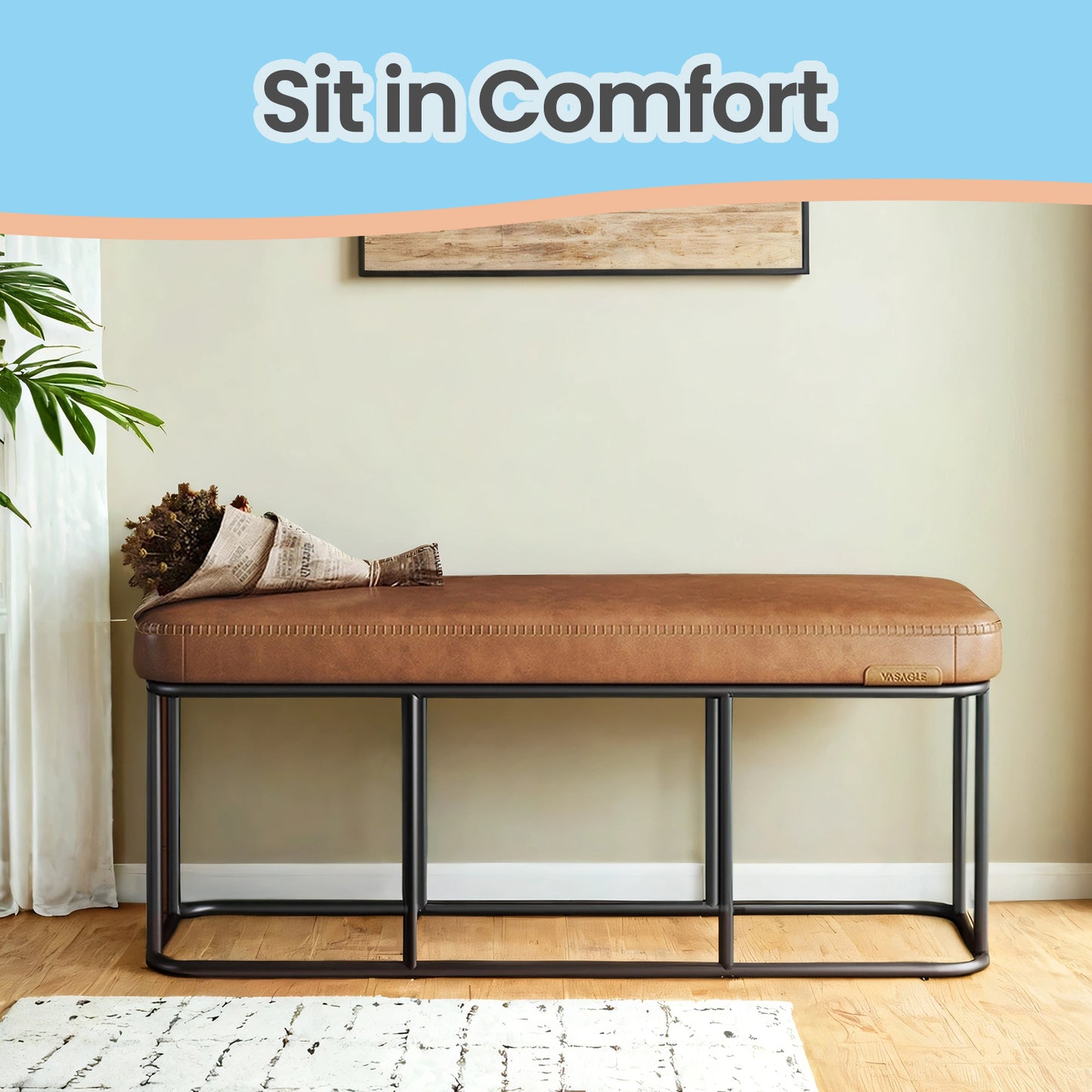 EKHO Storage Bench - 43.3" Ottoman with Steel Frame, 660lb Capacity, Mid-Century Modern Design, Caramel Brown