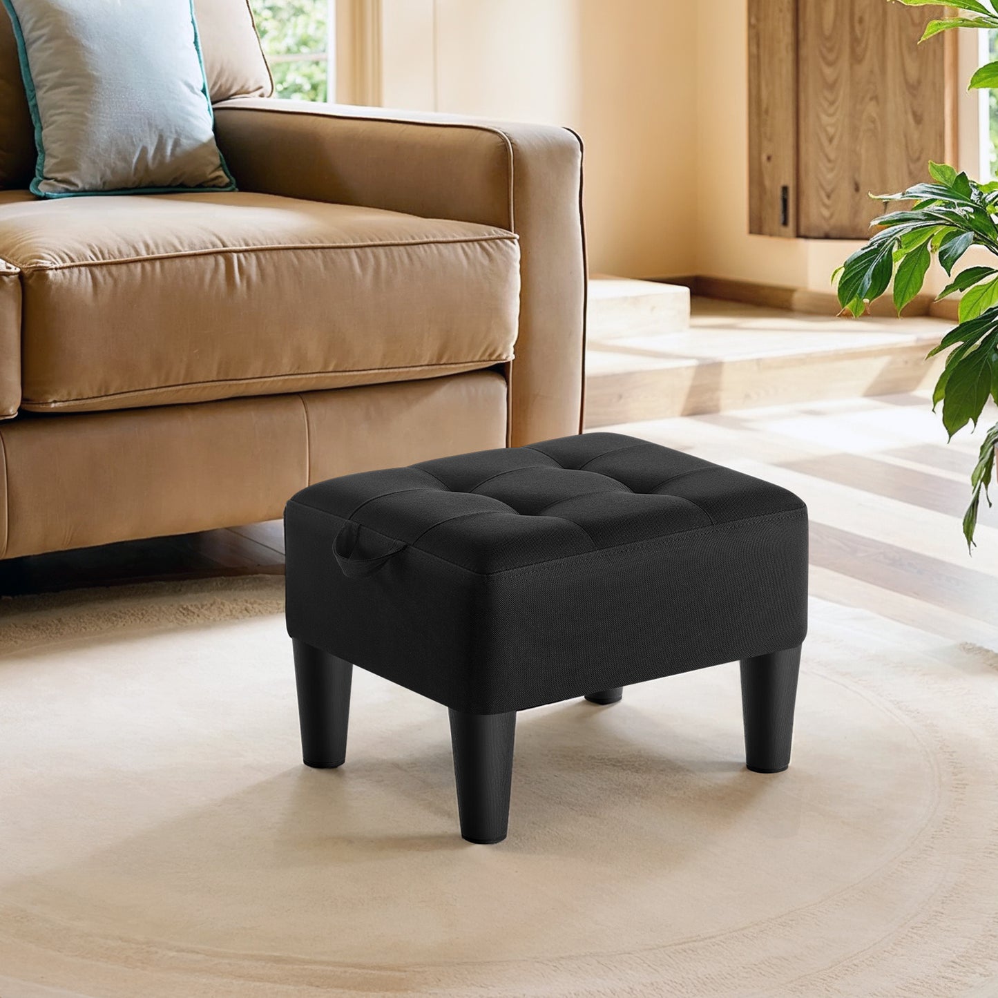 Small Footstool Ottoman with Thick Cushion, Angled Legs & Hidden Storage Compartment, for Living Room Bedroom Entryway, Supports 330 lbs, Ink Black
