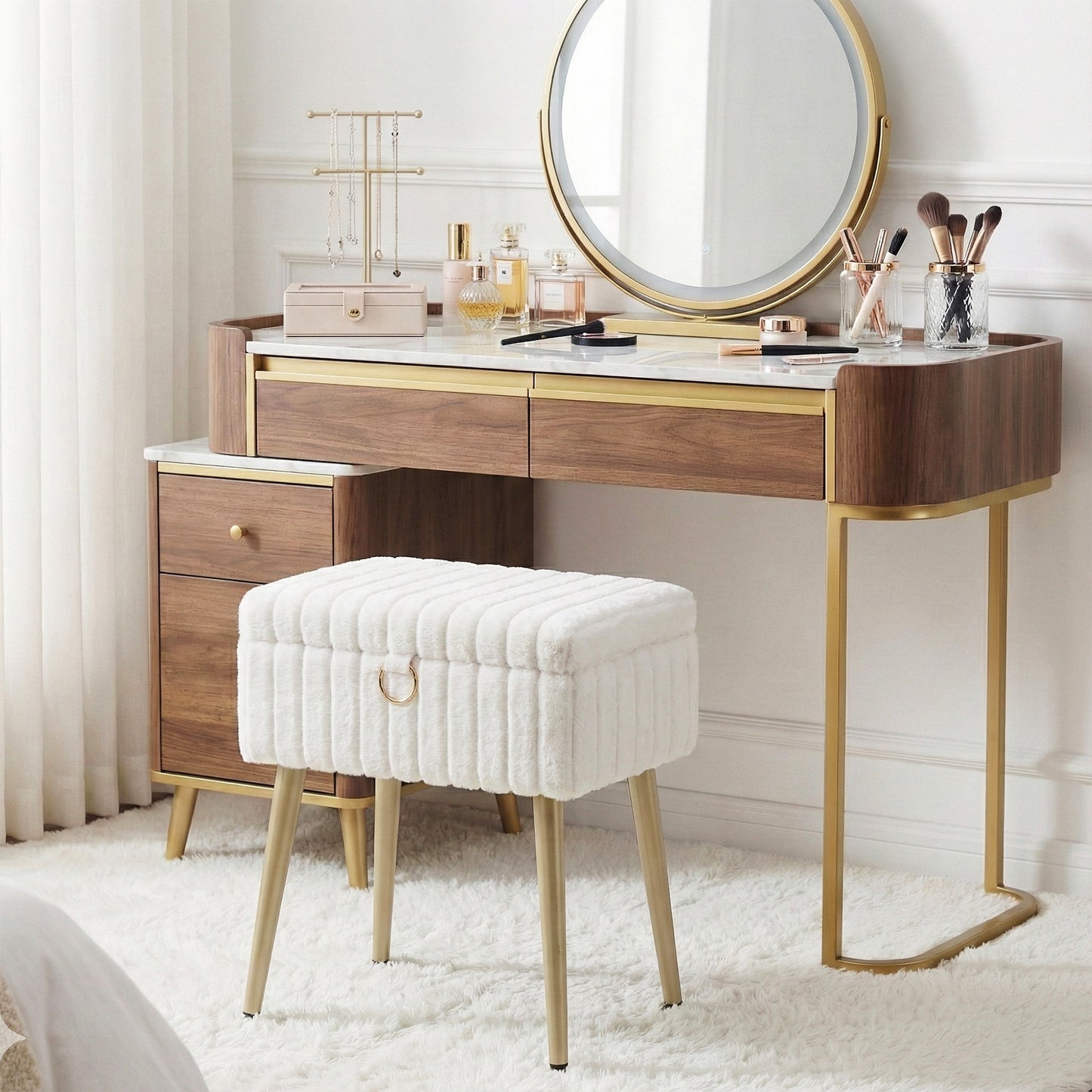 Vanity Stool with Storage and Removable Dividers, Makeup Stool and Footrest with Adjustable Feet for Bedroom and Living Room, Cream White
