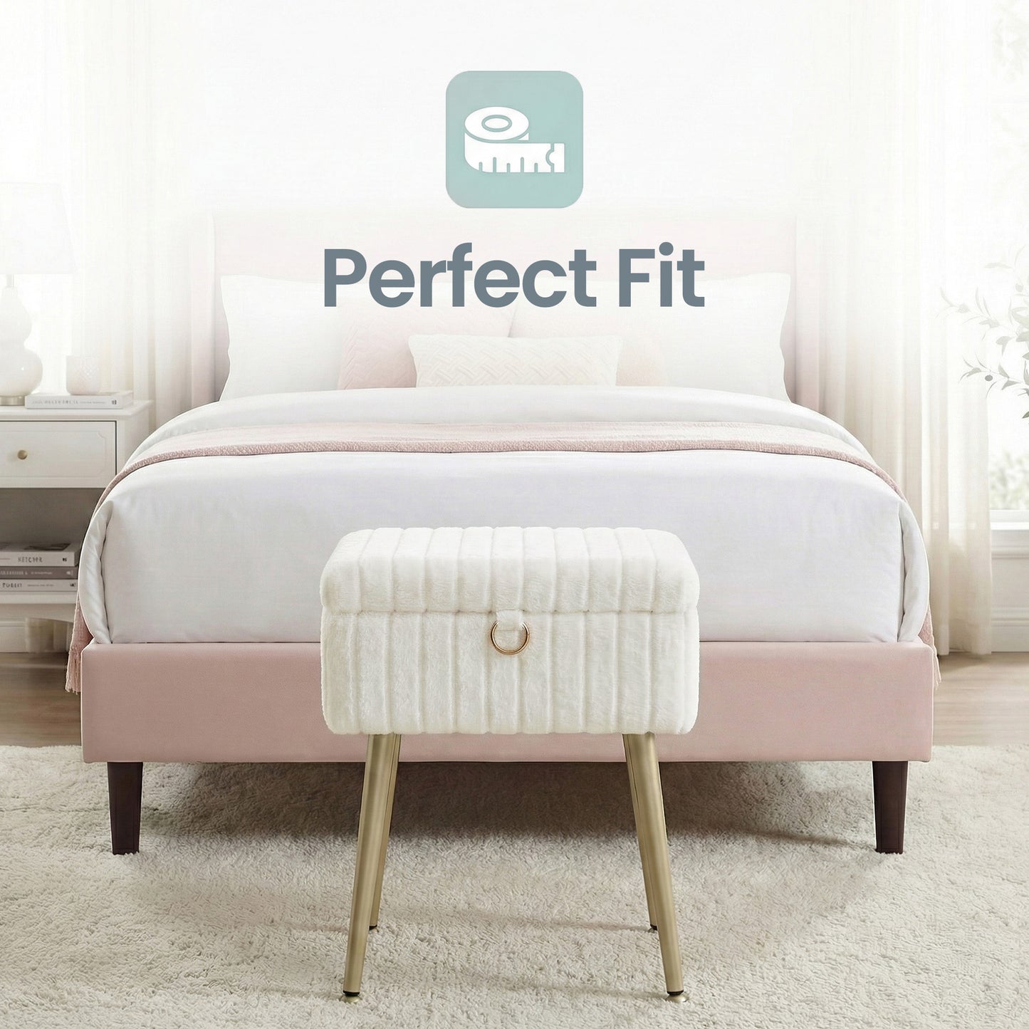 Vanity Stool with Storage and Removable Dividers, Makeup Stool and Footrest with Adjustable Feet for Bedroom and Living Room, Cream White