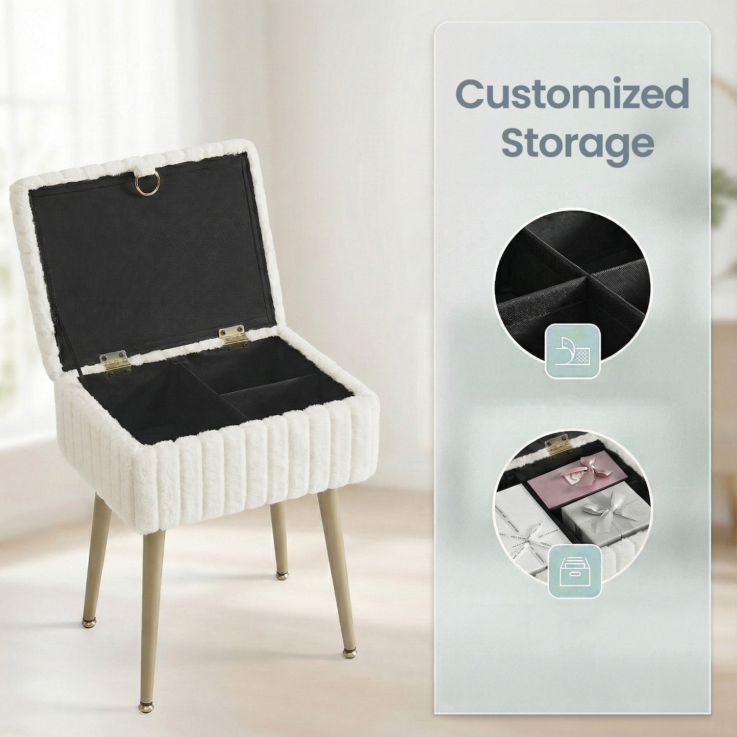 Vanity Stool with Storage and Removable Dividers, Makeup Stool and Footrest with Adjustable Feet for Bedroom and Living Room, Cream White