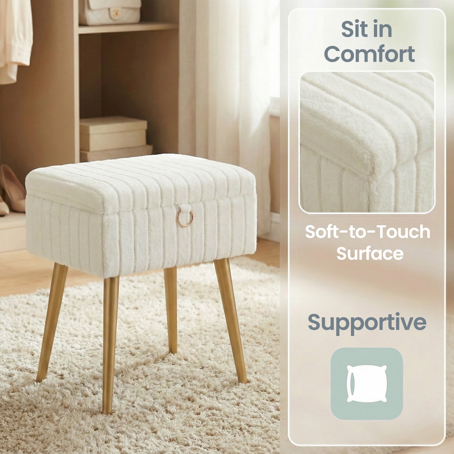 Vanity Stool with Storage and Removable Dividers, Makeup Stool and Footrest with Adjustable Feet for Bedroom and Living Room, Cream White